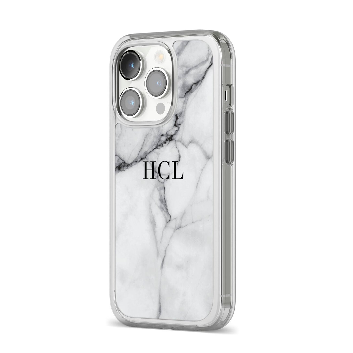 Personalised Small Marble Initials Custom iPhone 14 Pro Clear Tough Case Silver Angled Image