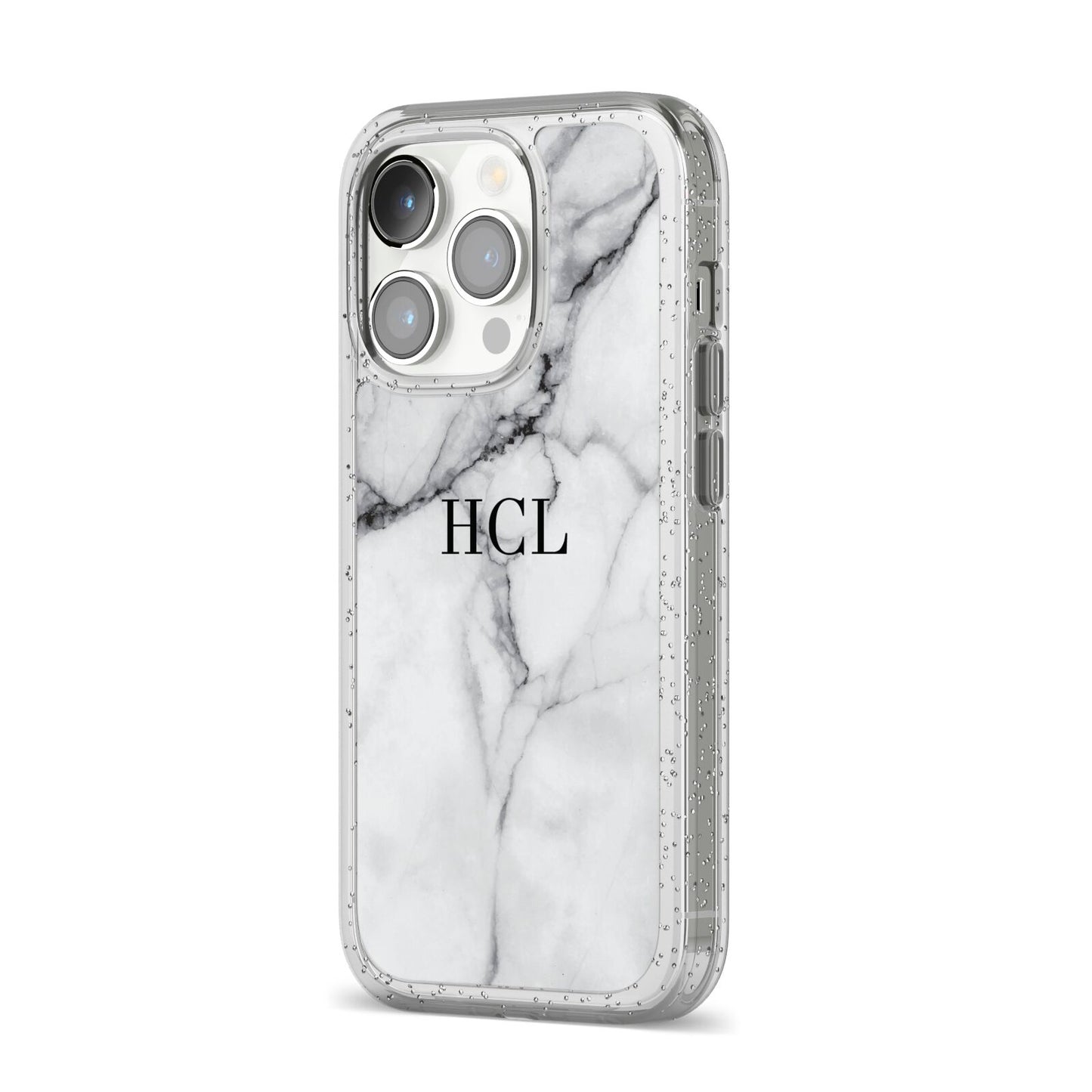 Personalised Small Marble Initials Custom iPhone 14 Pro Glitter Tough Case Silver Angled Image