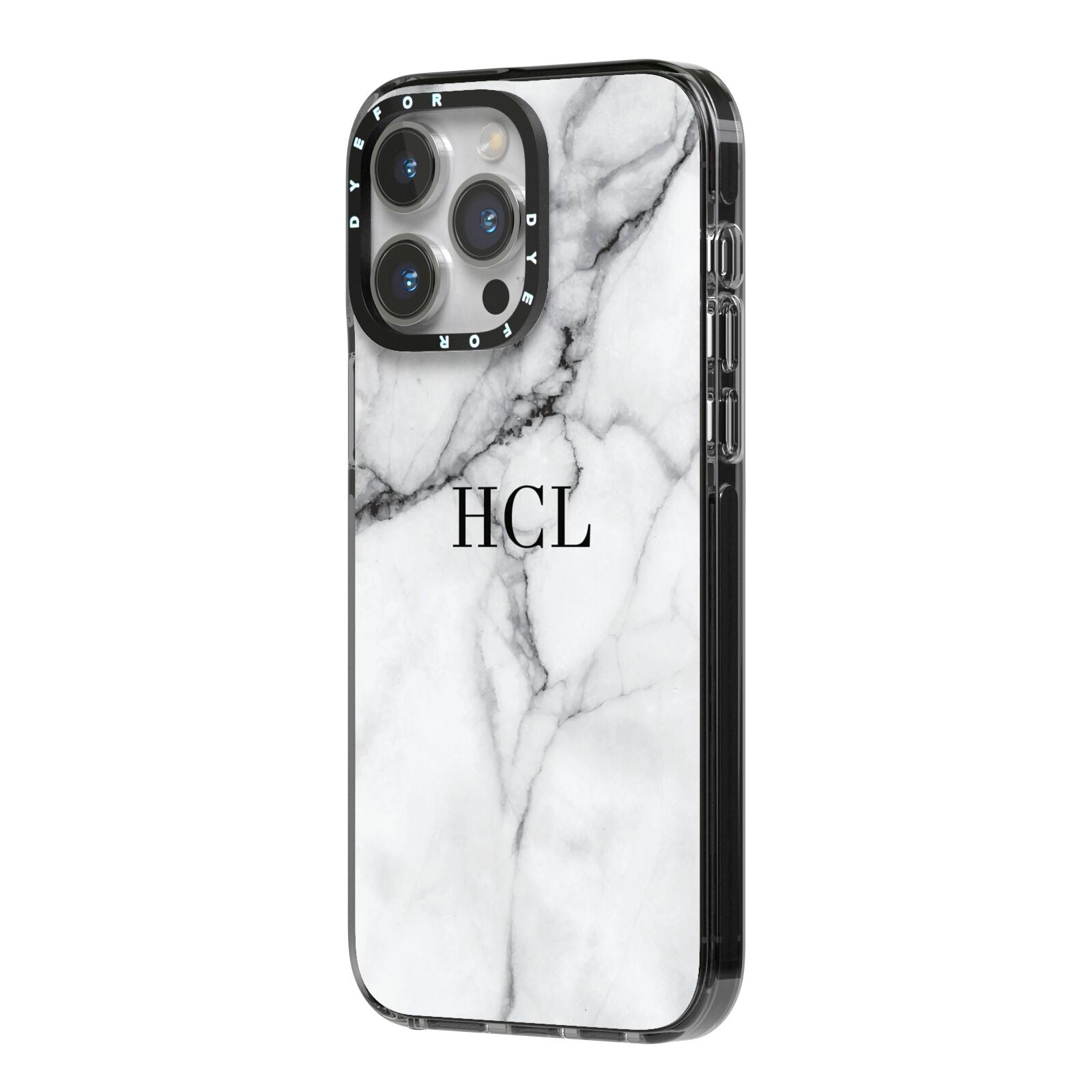 Personalised Small Marble Initials Custom iPhone 14 Pro Max Black Impact Case Side Angle on Silver phone