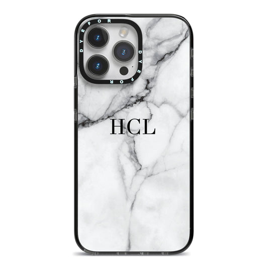 Personalised Small Marble Initials Custom iPhone 14 Pro Max Black Impact Case on Silver phone