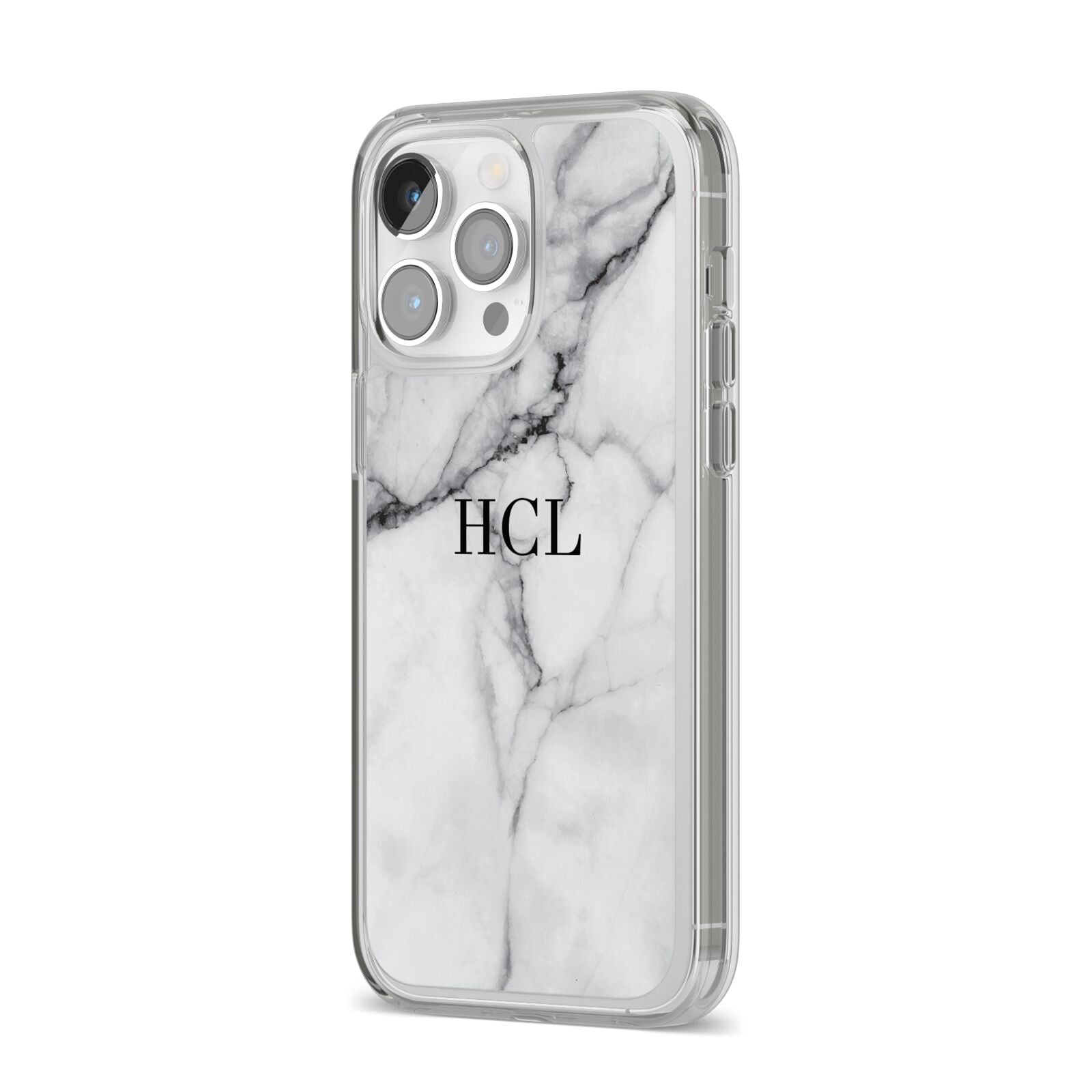 Personalised Small Marble Initials Custom iPhone 14 Pro Max Clear Tough Case Silver Angled Image