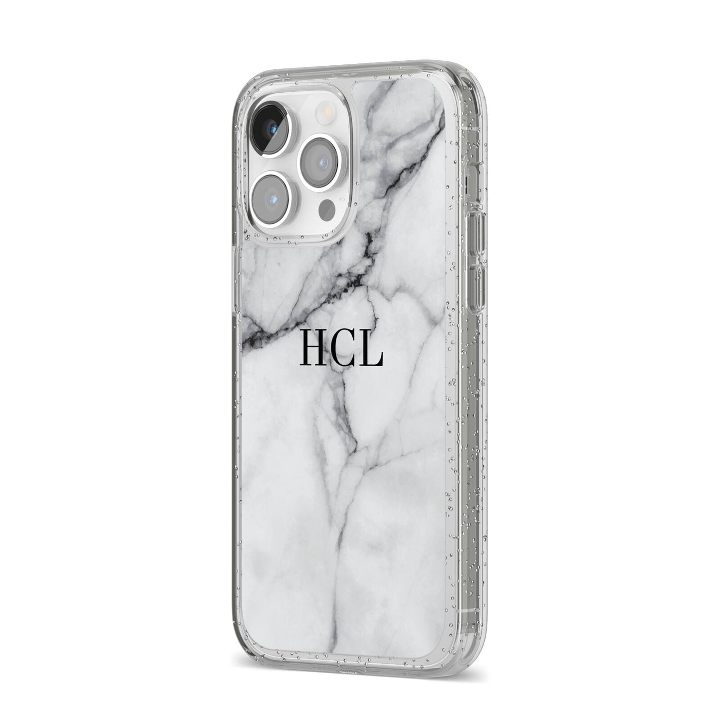 Personalised Small Marble Initials Custom iPhone 14 Pro Max Glitter Tough Case Silver Angled Image