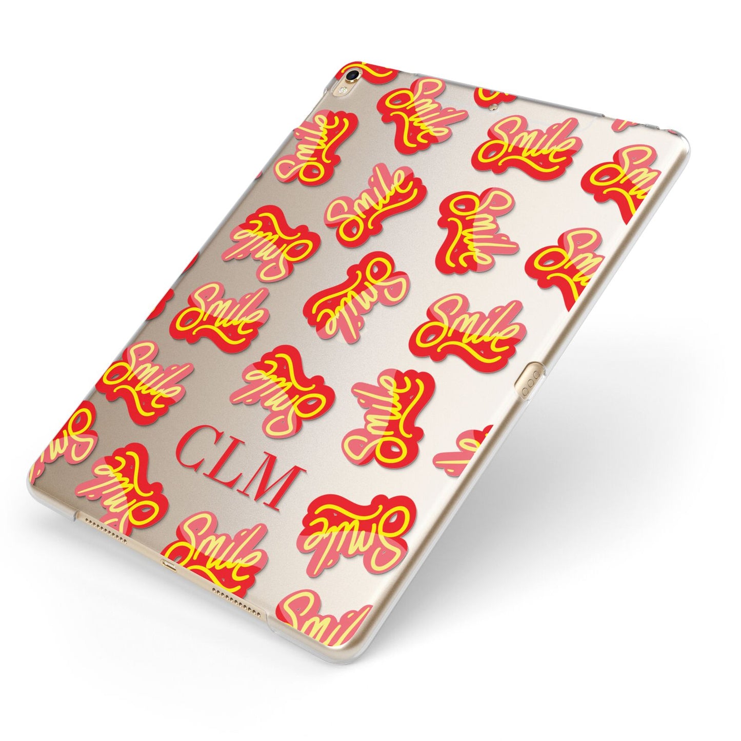 Personalised Smile Initials Clear Apple iPad Case on Gold iPad Side View