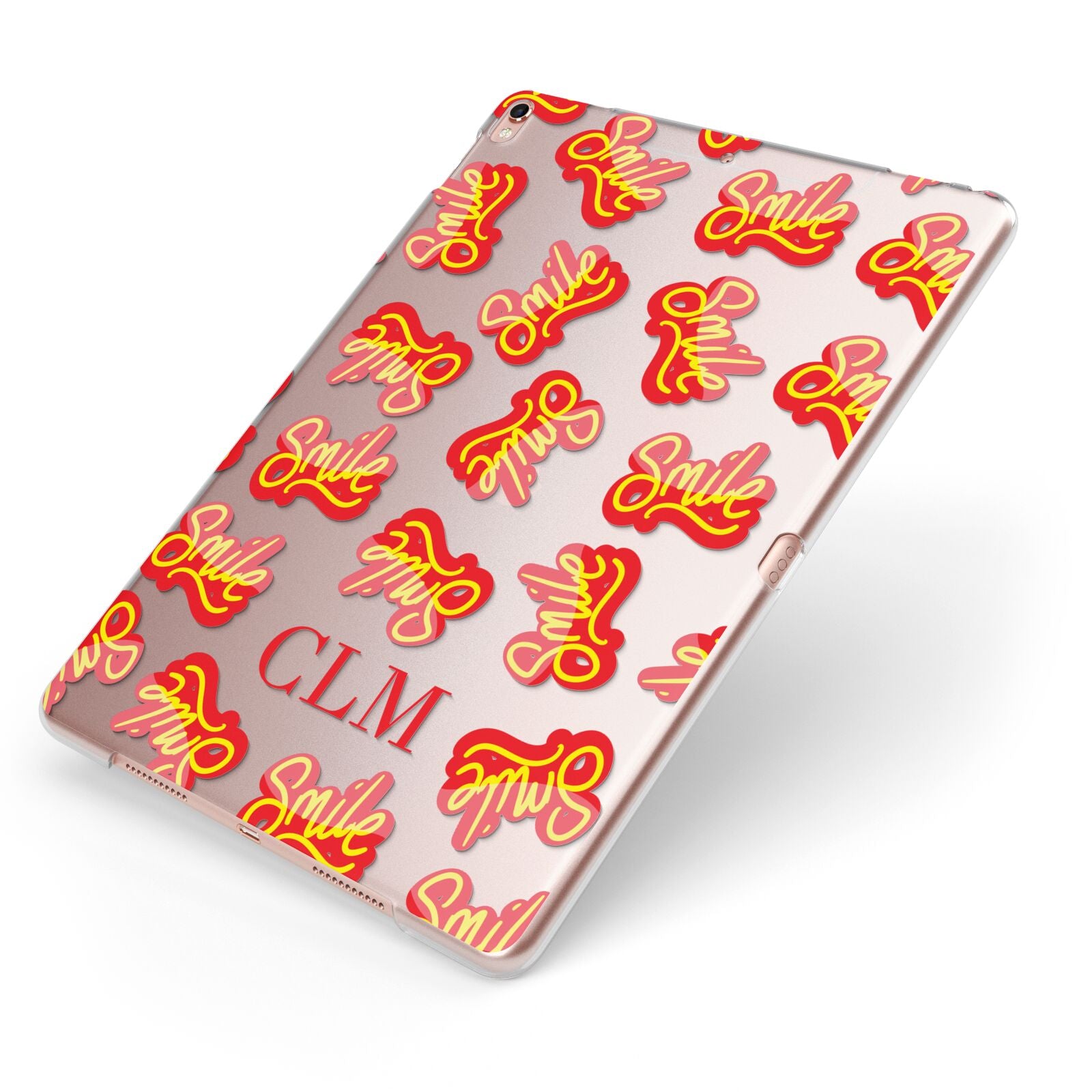 Personalised Smile Initials Clear Apple iPad Case on Rose Gold iPad Side View