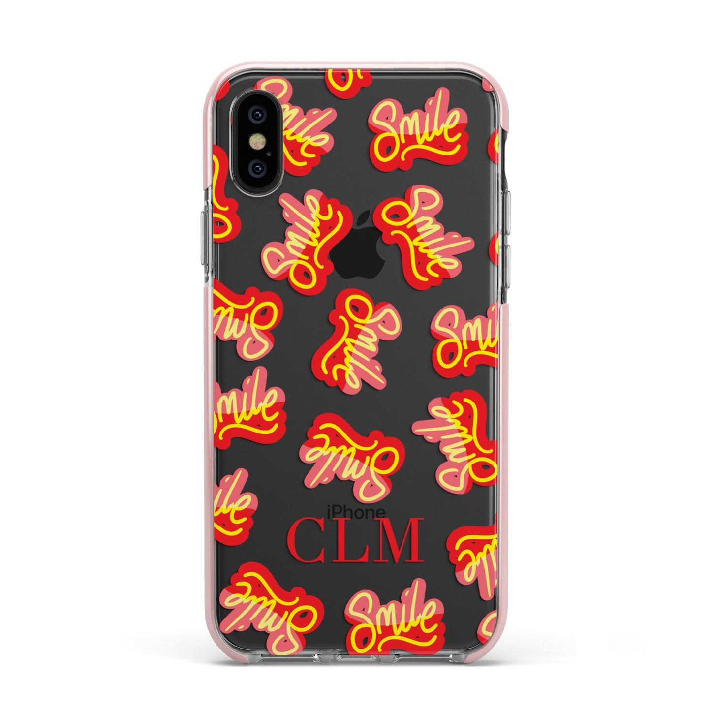 Personalised Smile Initials Clear Apple iPhone Xs Impact Case Pink Edge on Black Phone