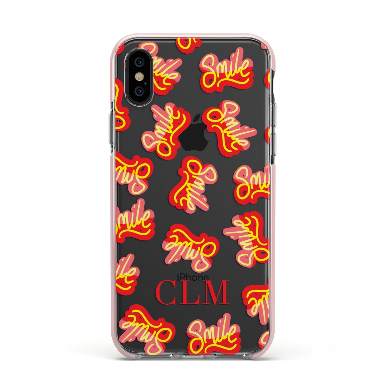 Personalised Smile Initials Clear Apple iPhone Xs Impact Case Pink Edge on Black Phone