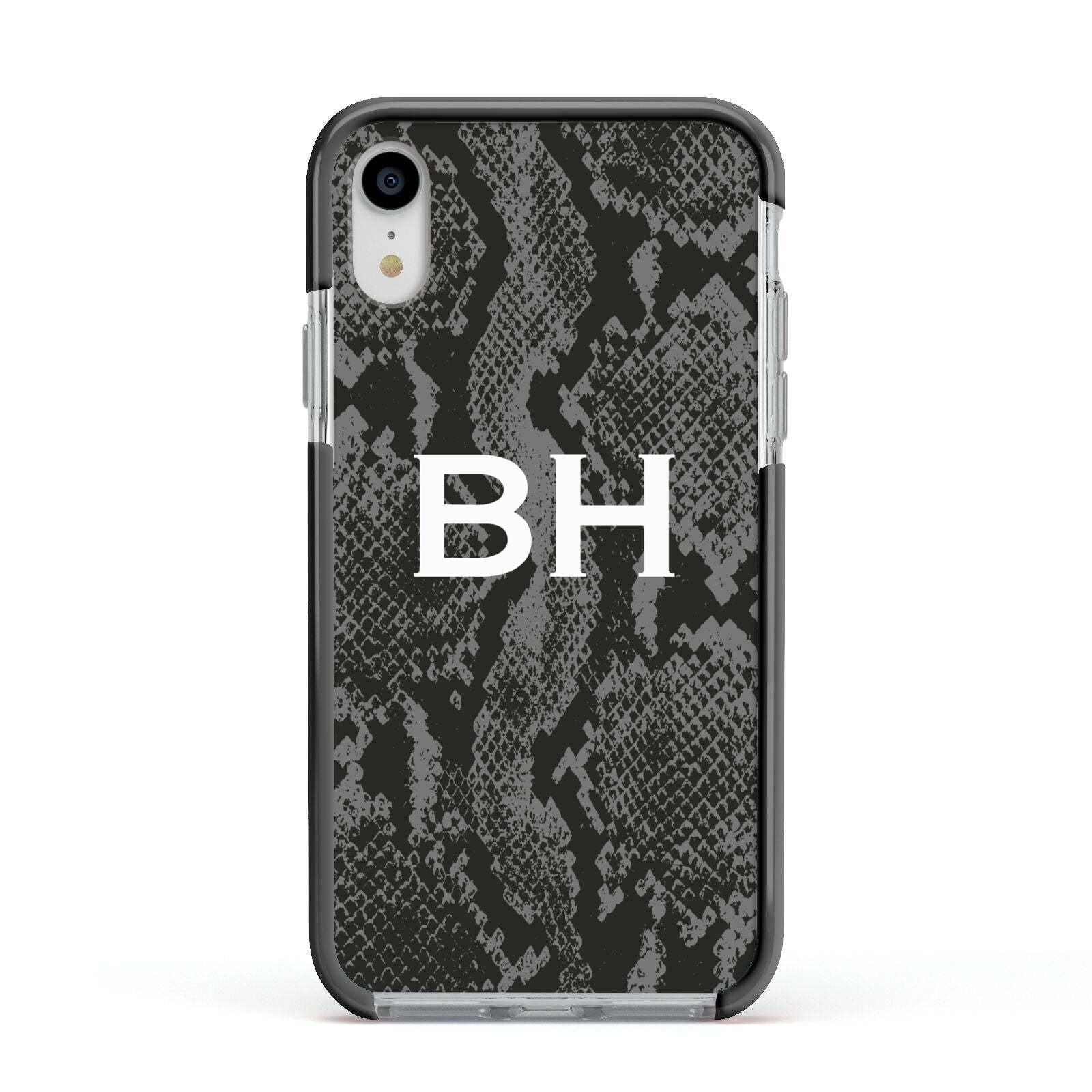 Personalised Snakeskin Apple iPhone XR Impact Case Black Edge on Silver Phone