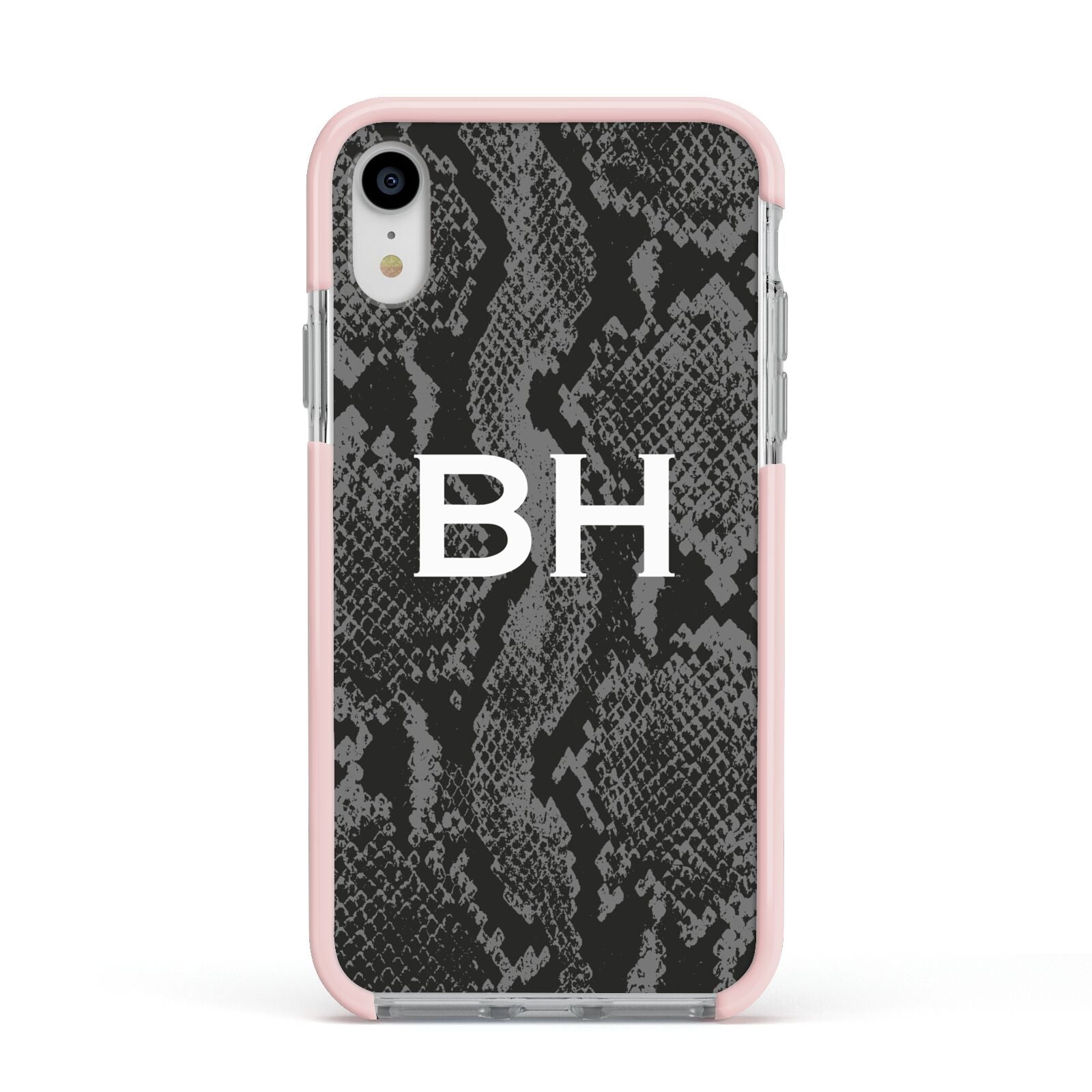 Personalised Snakeskin Apple iPhone XR Impact Case Pink Edge on Silver Phone