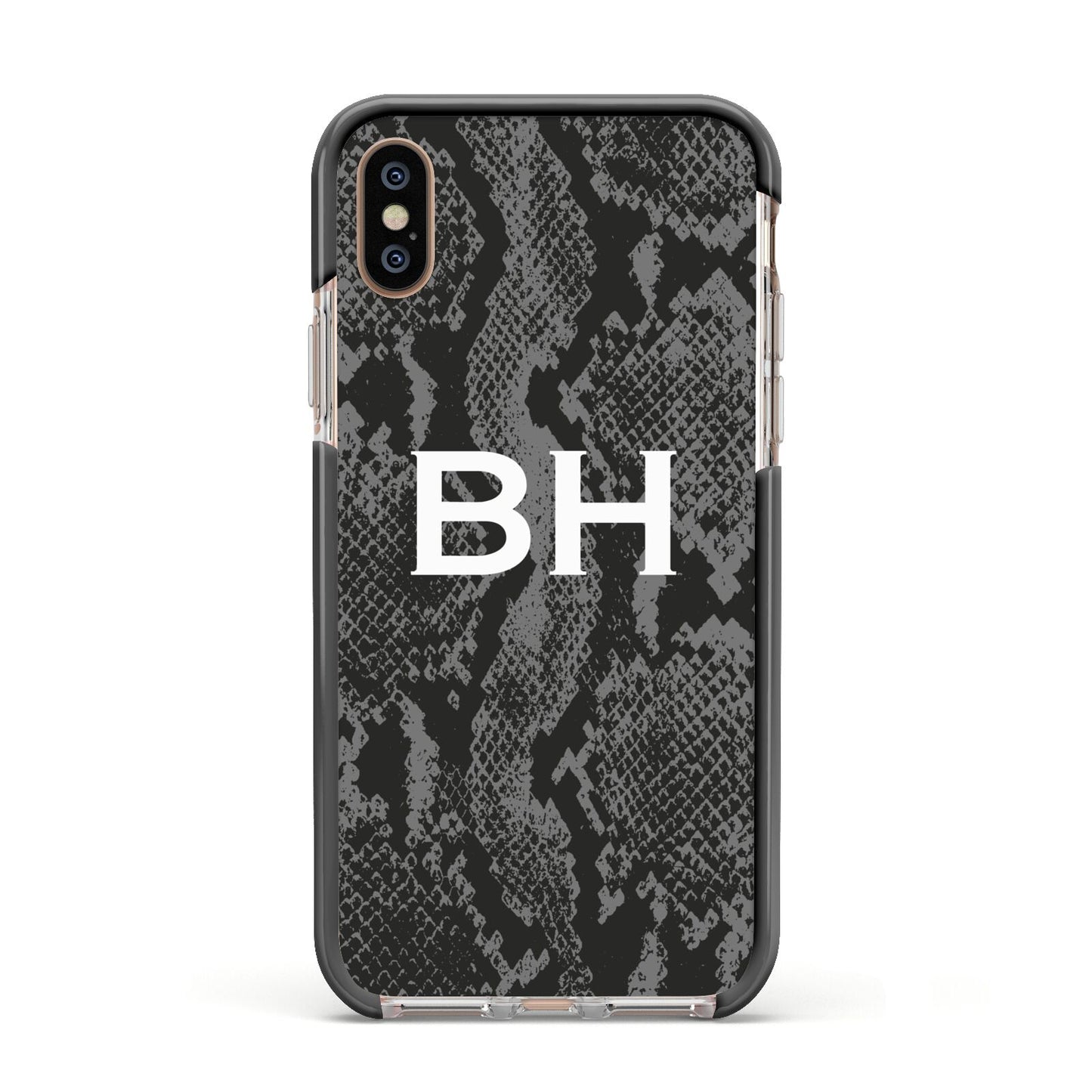 Personalised Snakeskin Apple iPhone Xs Impact Case Black Edge on Gold Phone