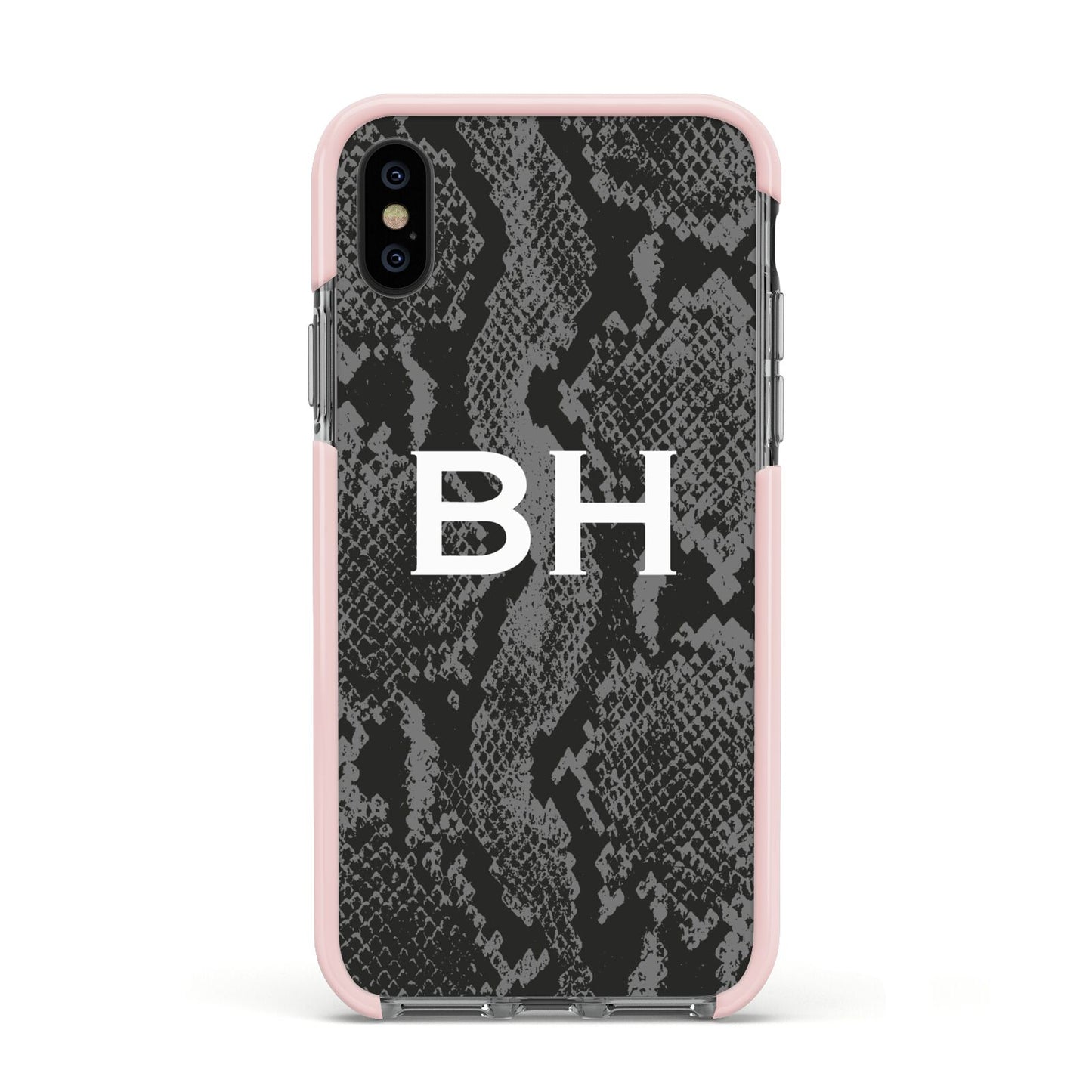 Personalised Snakeskin Apple iPhone Xs Impact Case Pink Edge on Black Phone