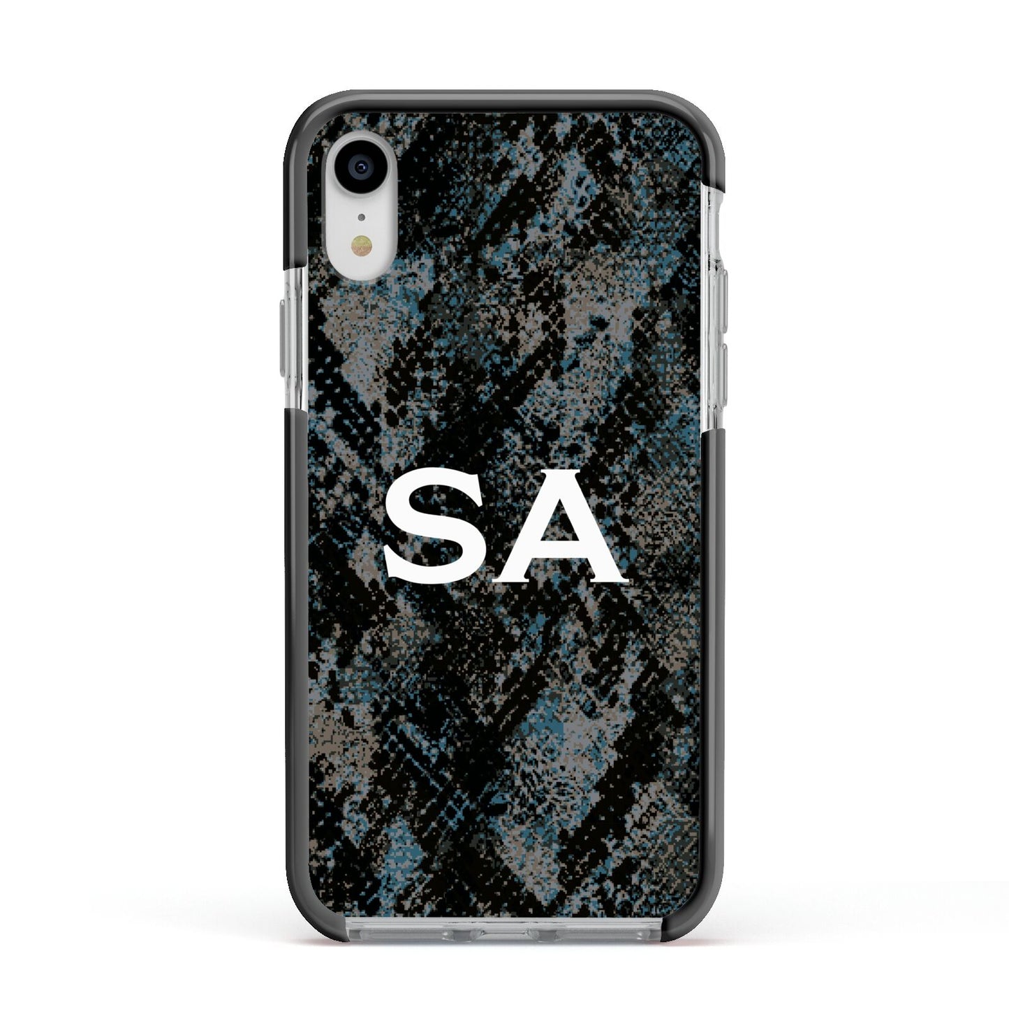 Personalised Snakeskin Effect Apple iPhone XR Impact Case Black Edge on Silver Phone