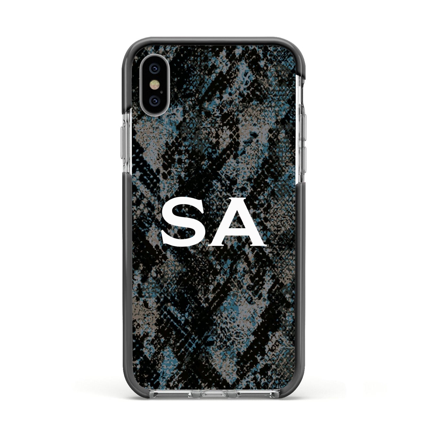 Personalised Snakeskin Effect Apple iPhone Xs Impact Case Black Edge on Silver Phone