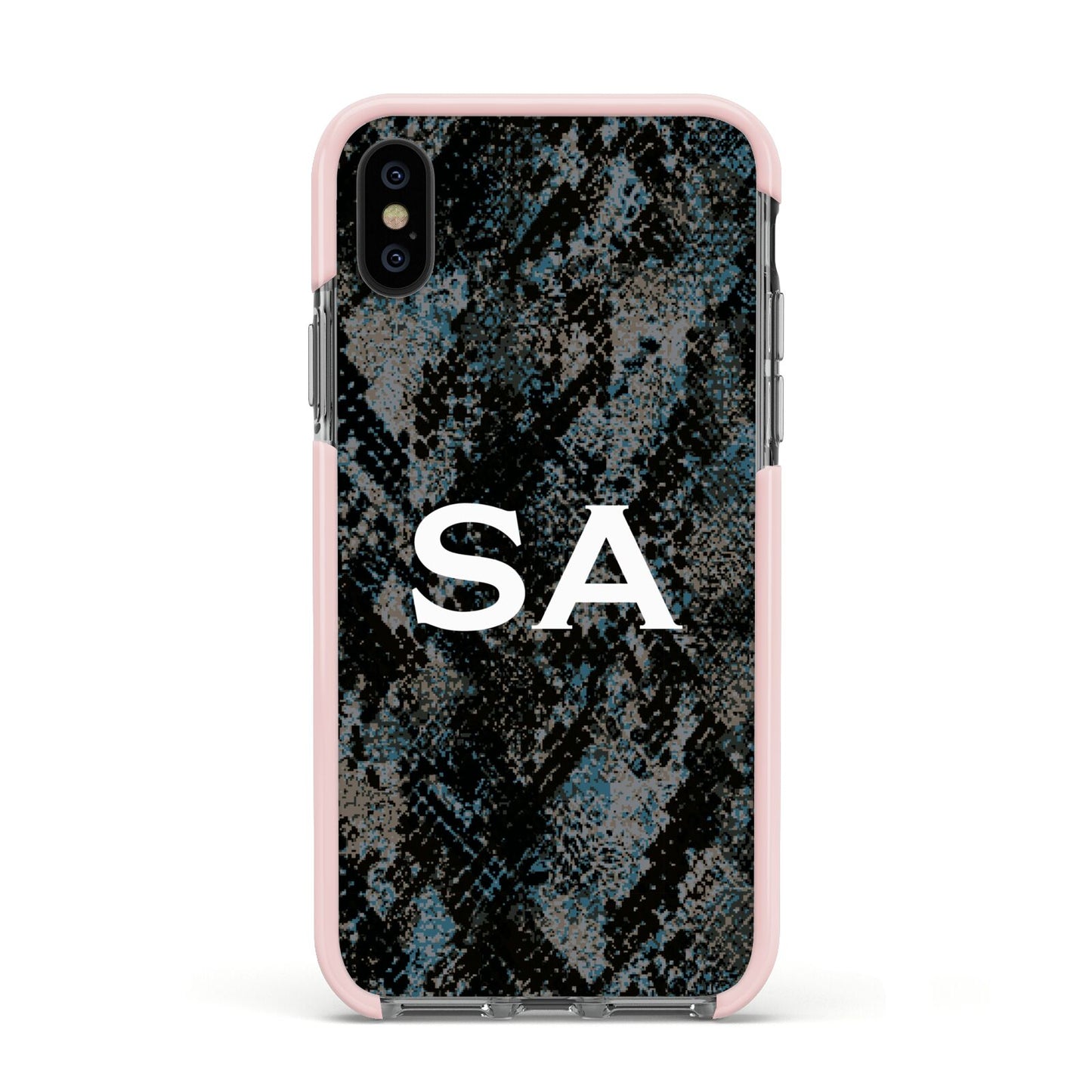 Personalised Snakeskin Effect Apple iPhone Xs Impact Case Pink Edge on Black Phone