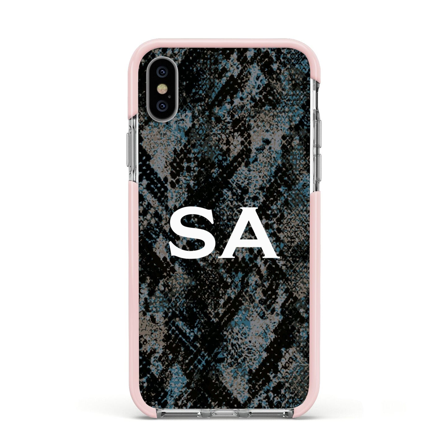 Personalised Snakeskin Effect Apple iPhone Xs Impact Case Pink Edge on Silver Phone