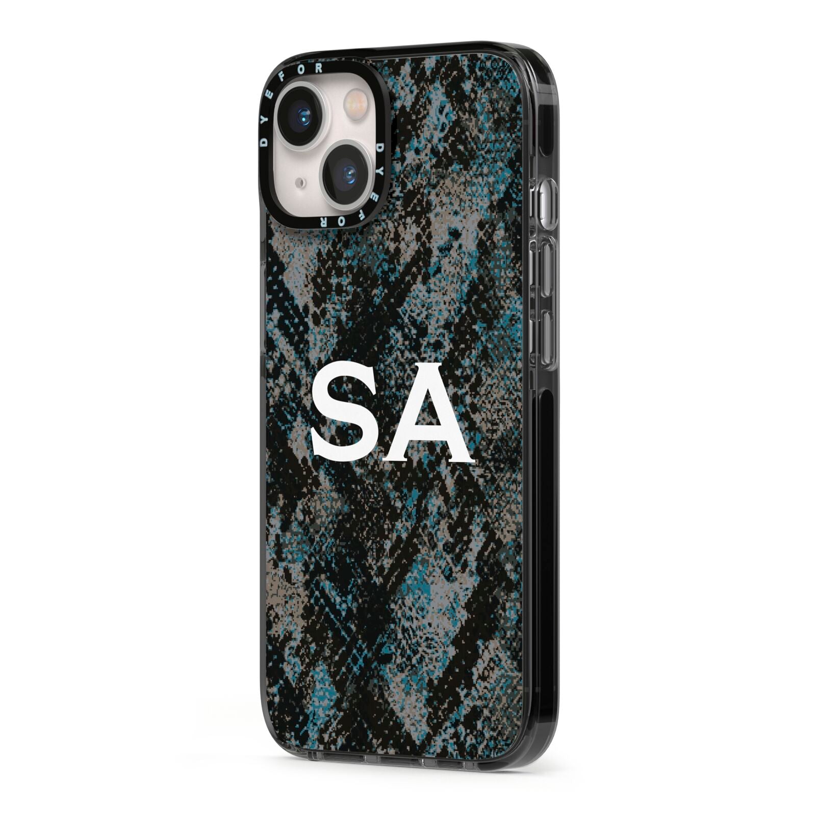 Personalised Snakeskin Effect iPhone 13 Black Impact Case Side Angle on Silver phone