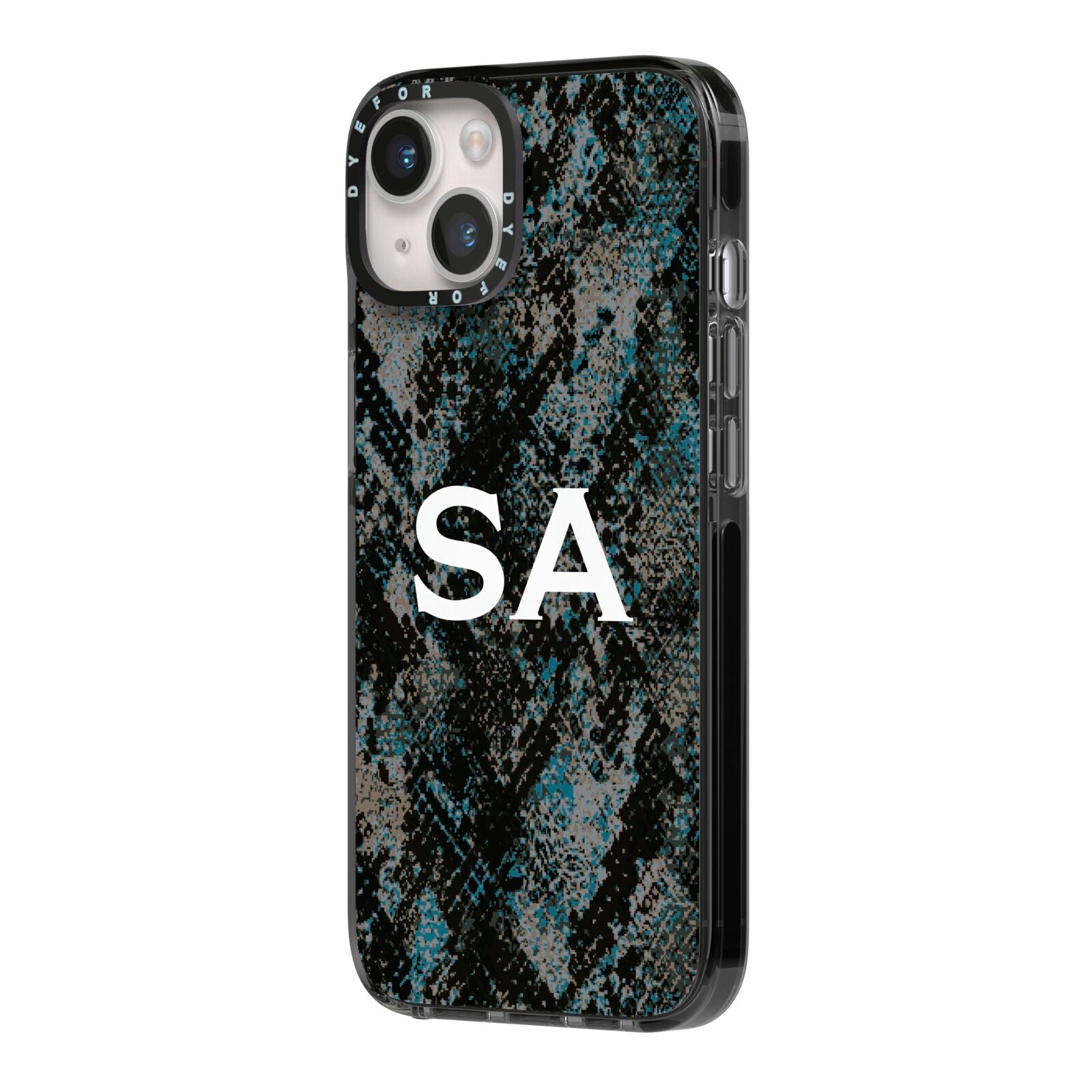 Personalised Snakeskin Effect iPhone 14 Black Impact Case Side Angle on Silver phone