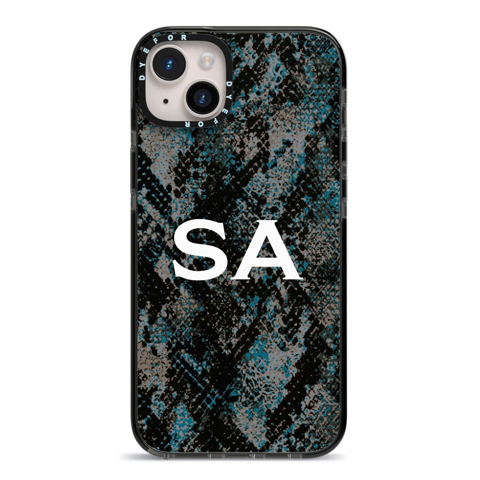 Personalised Snakeskin Effect iPhone 14 Plus Black Impact Case on Silver phone