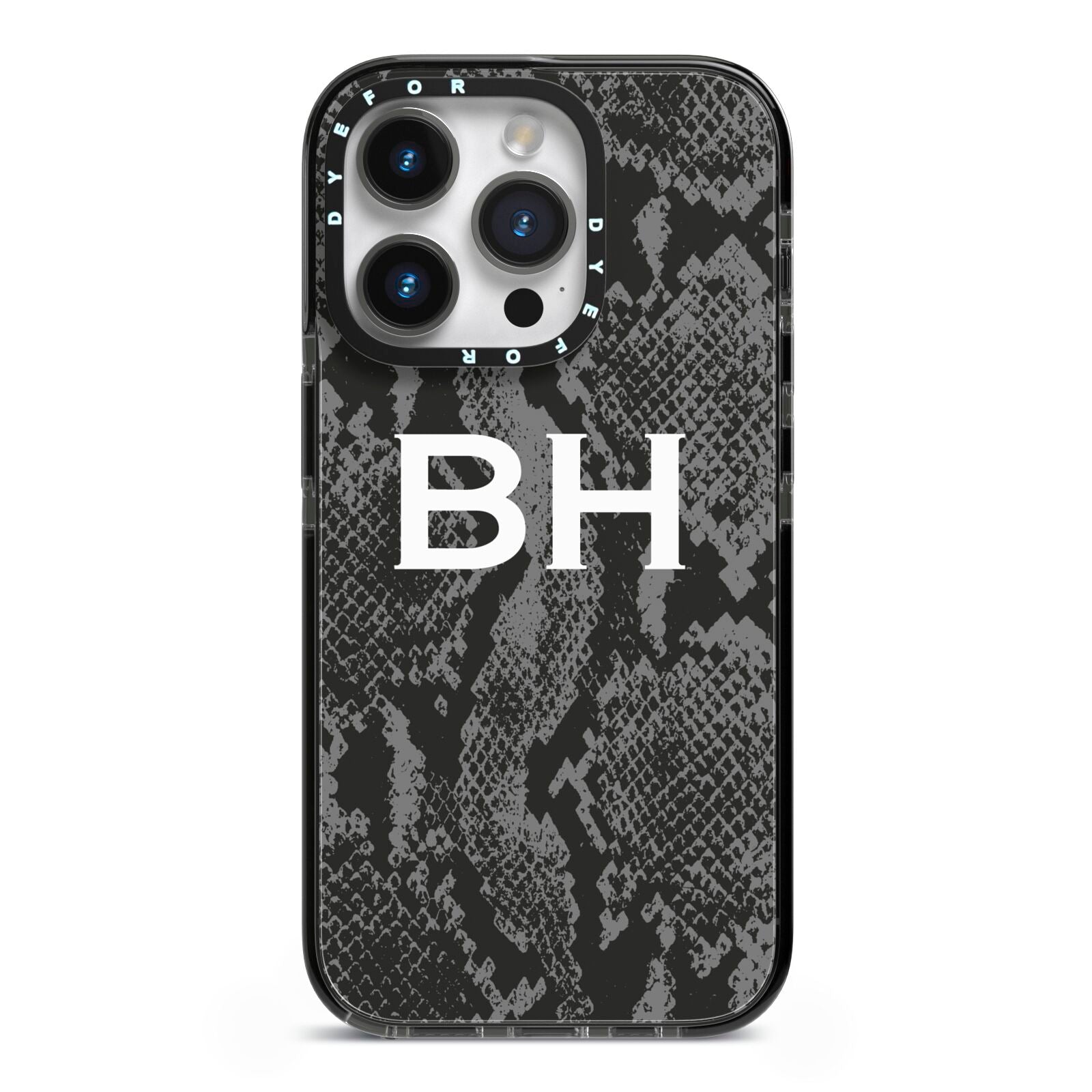 Personalised Snakeskin iPhone 14 Pro Black Impact Case on Silver phone