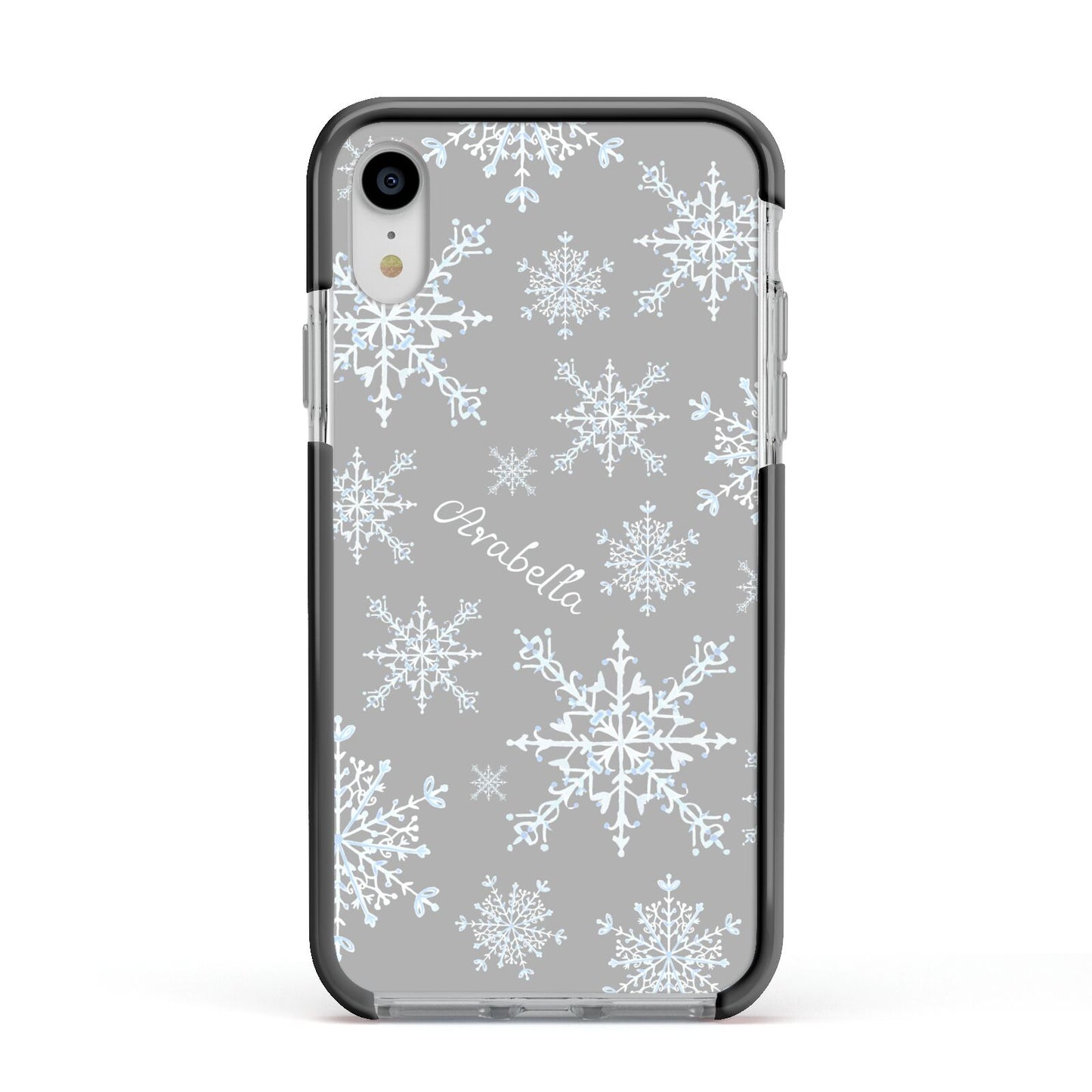 Personalised Snowflake Apple iPhone XR Impact Case Black Edge on Silver Phone