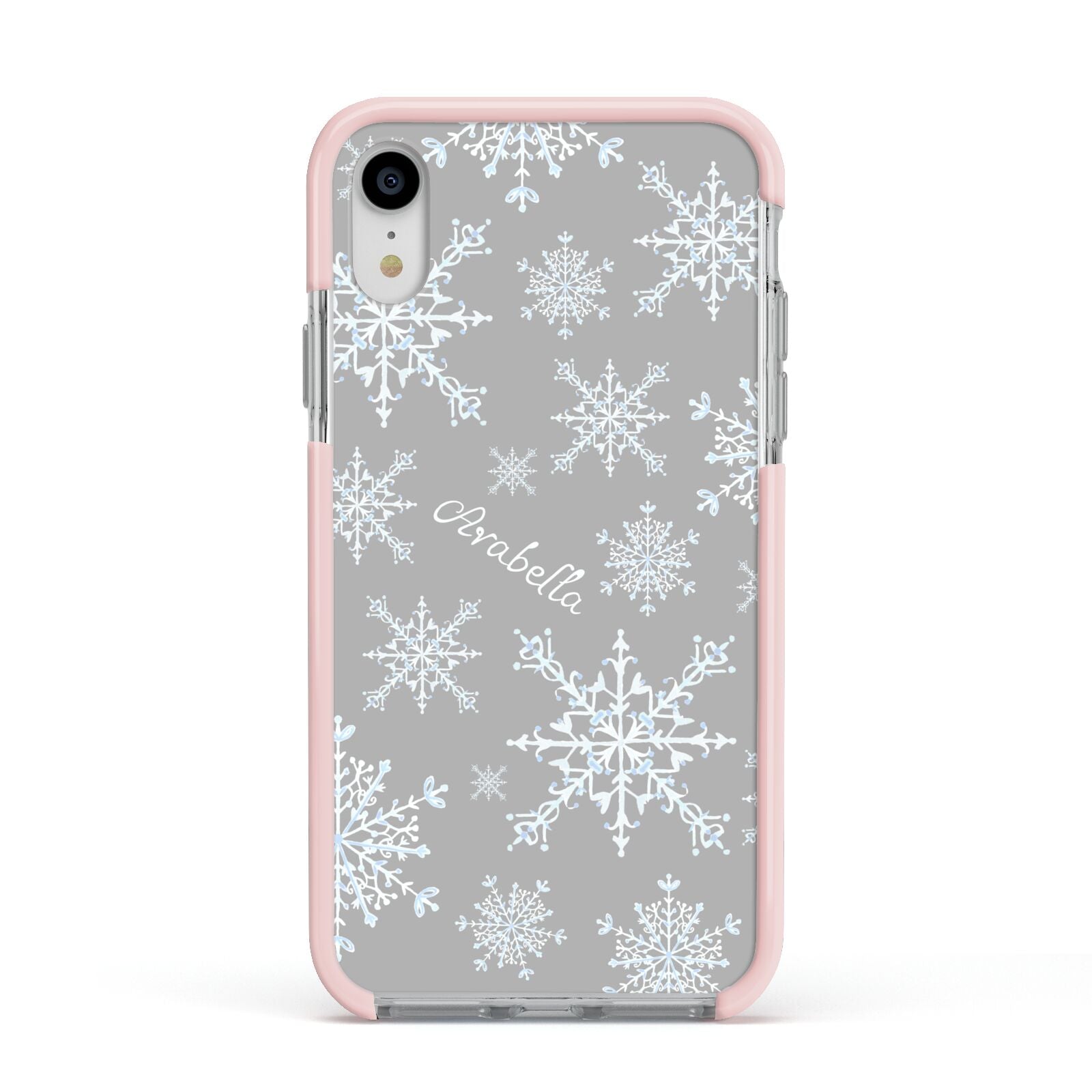 Personalised Snowflake Apple iPhone XR Impact Case Pink Edge on Silver Phone