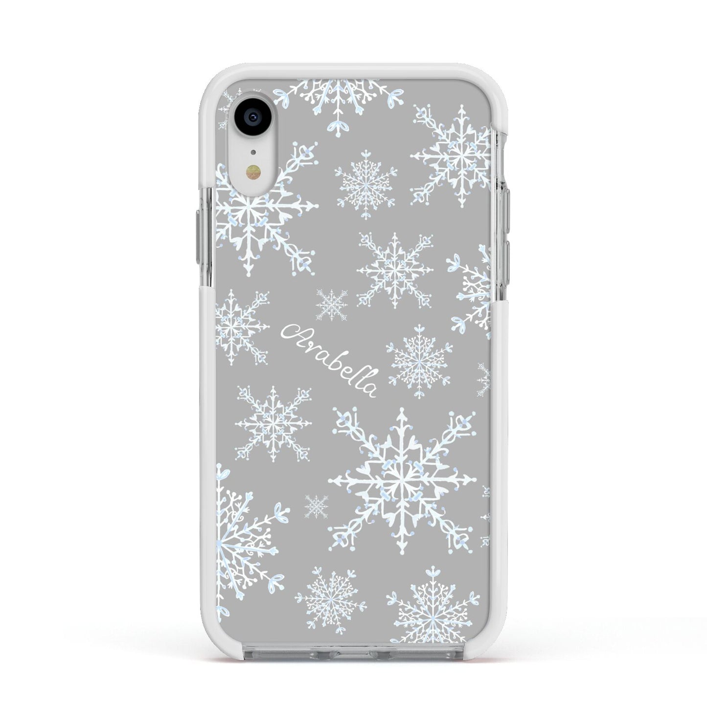 Personalised Snowflake Apple iPhone XR Impact Case White Edge on Silver Phone