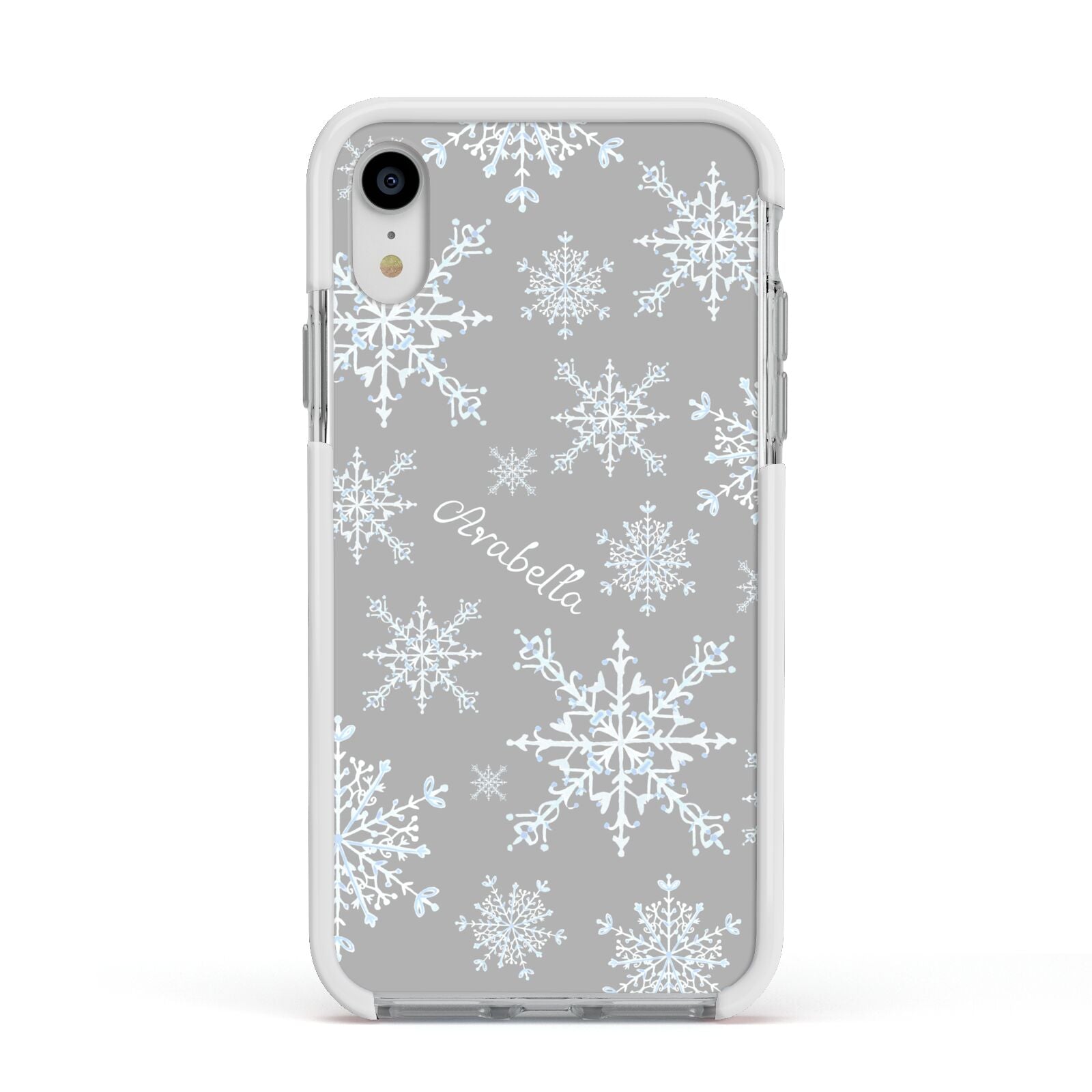 Personalised Snowflake Apple iPhone XR Impact Case White Edge on Silver Phone