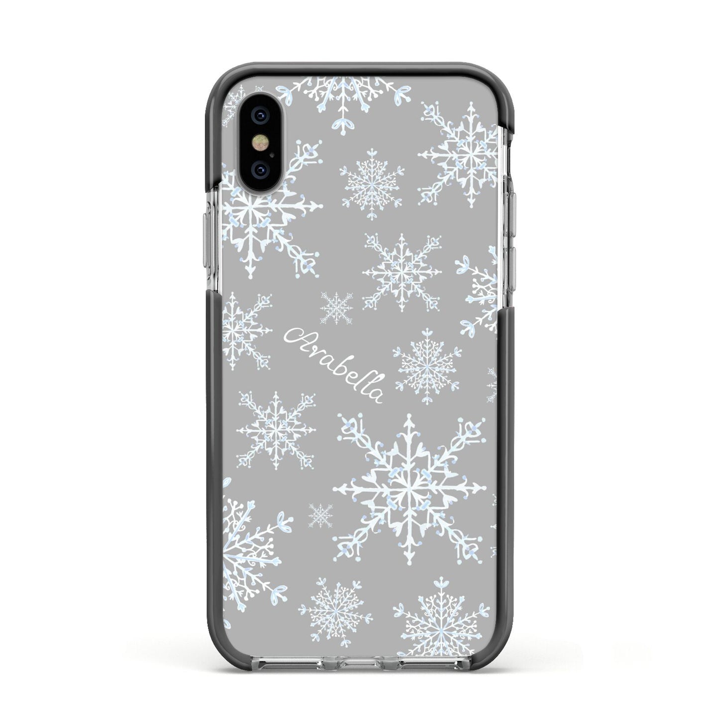 Personalised Snowflake Apple iPhone Xs Impact Case Black Edge on Silver Phone