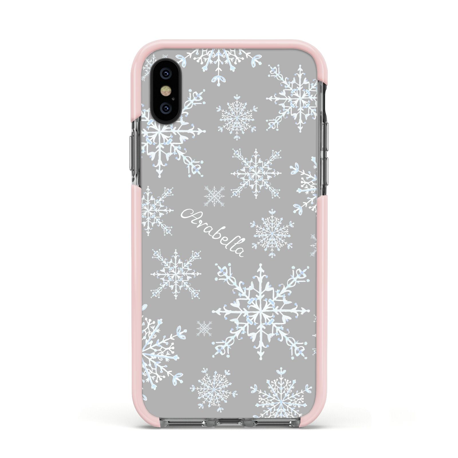 Personalised Snowflake Apple iPhone Xs Impact Case Pink Edge on Black Phone