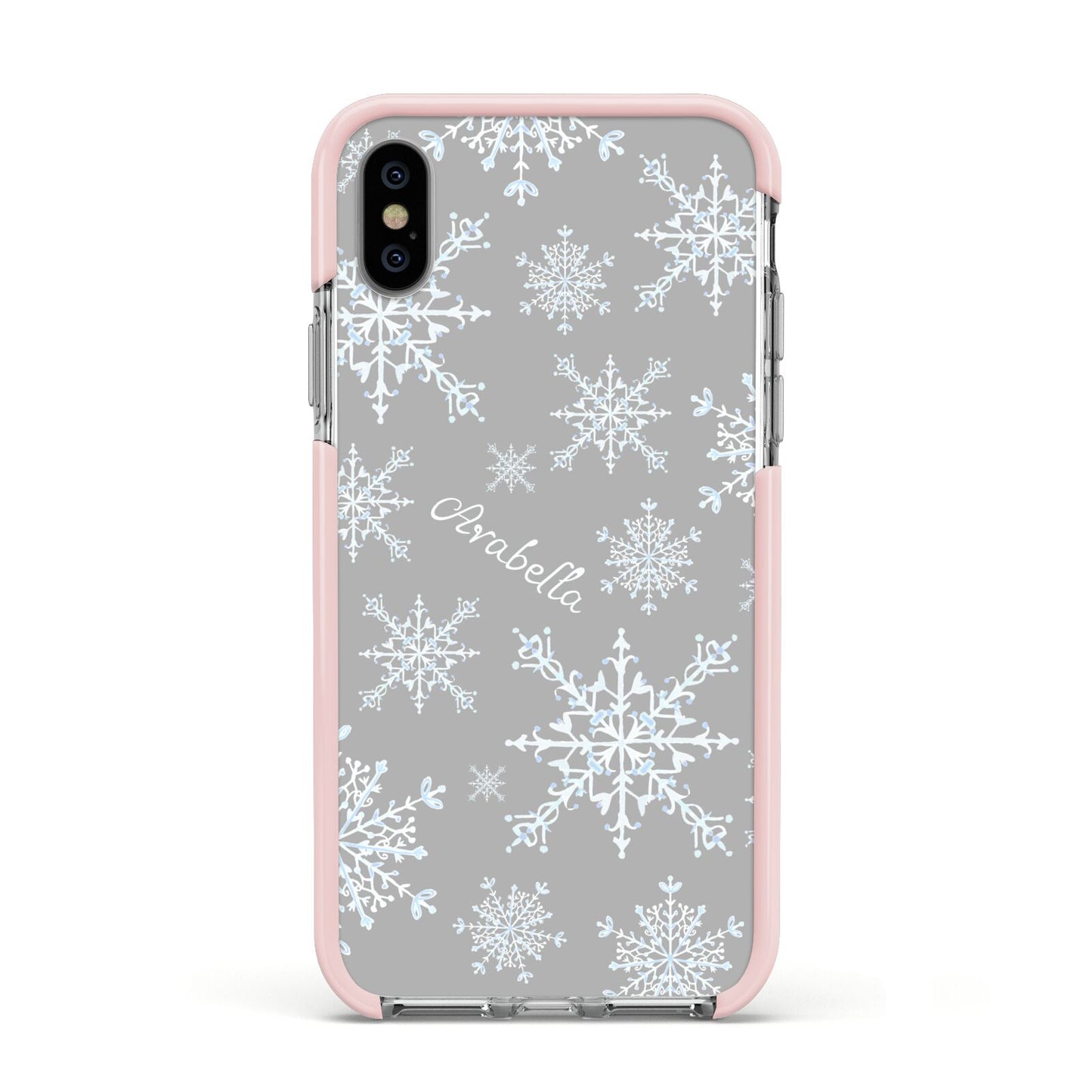 Personalised Snowflake Apple iPhone Xs Impact Case Pink Edge on Silver Phone