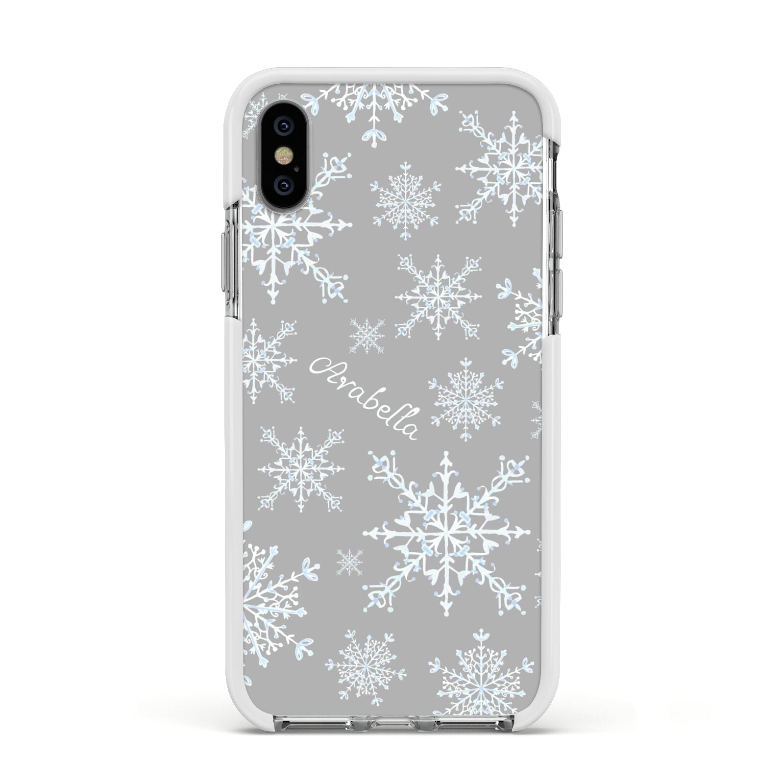 Personalised Snowflake Apple iPhone Xs Impact Case White Edge on Silver Phone