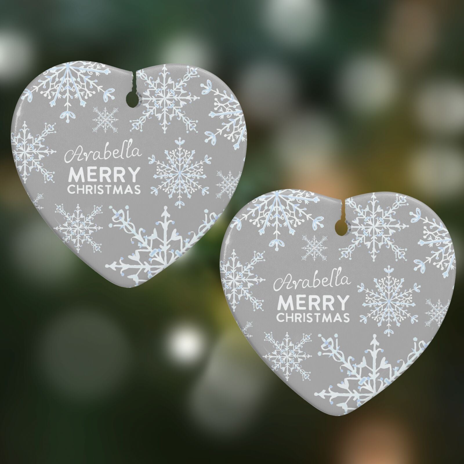 Personalised Snowflake Heart Decoration on Christmas Background
