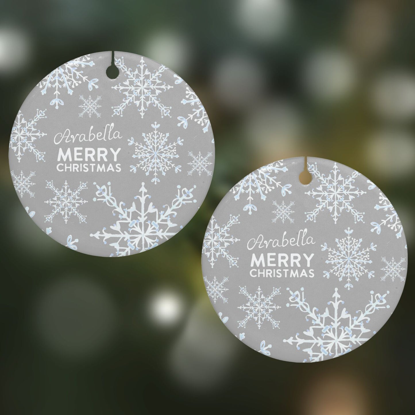 Personalised Snowflake Round Decoration on Christmas Background