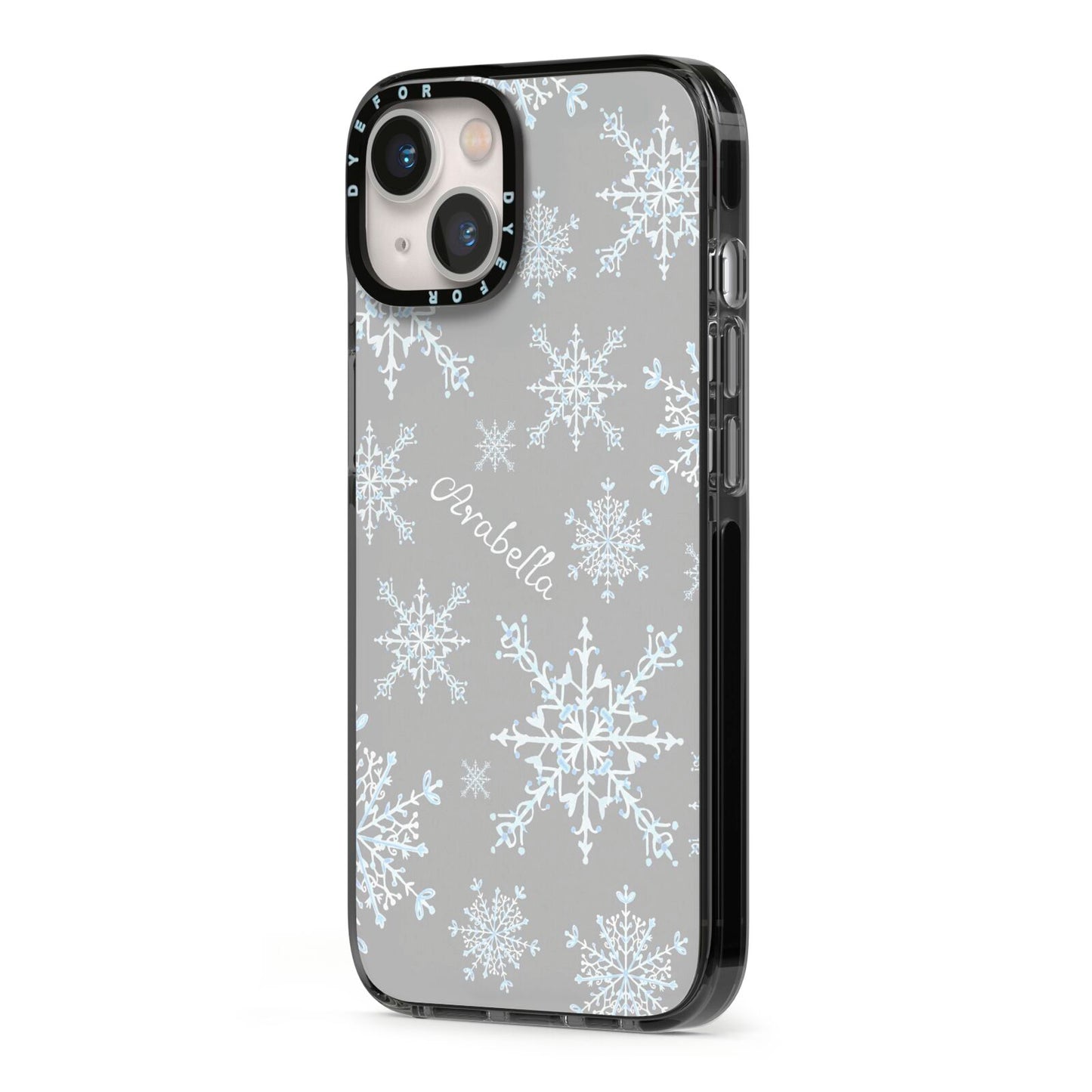 Personalised Snowflake iPhone 13 Black Impact Case Side Angle on Silver phone