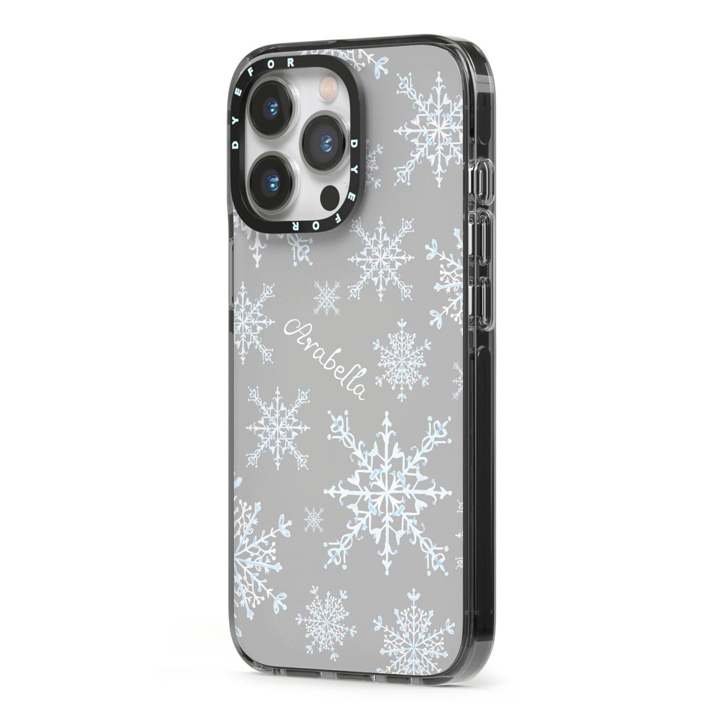 Personalised Snowflake iPhone 13 Pro Black Impact Case Side Angle on Silver phone