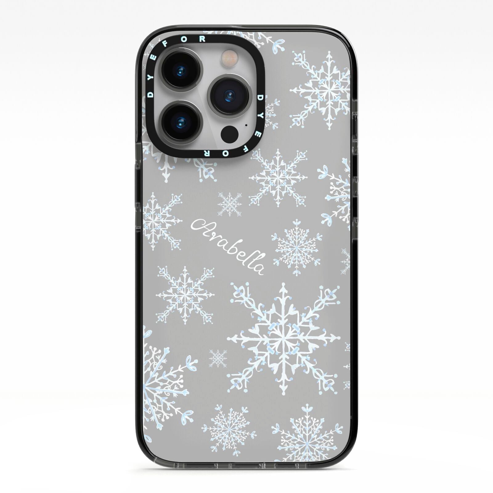 Personalised Snowflake iPhone 13 Pro Black Impact Case on Silver phone