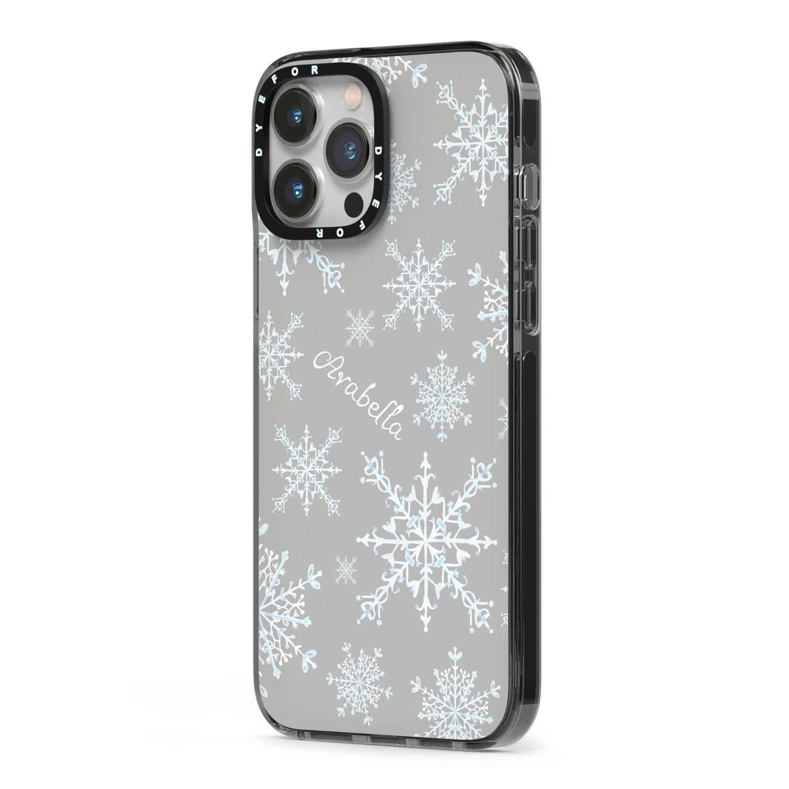 Personalised Snowflake iPhone 13 Pro Max Black Impact Case Side Angle on Silver phone