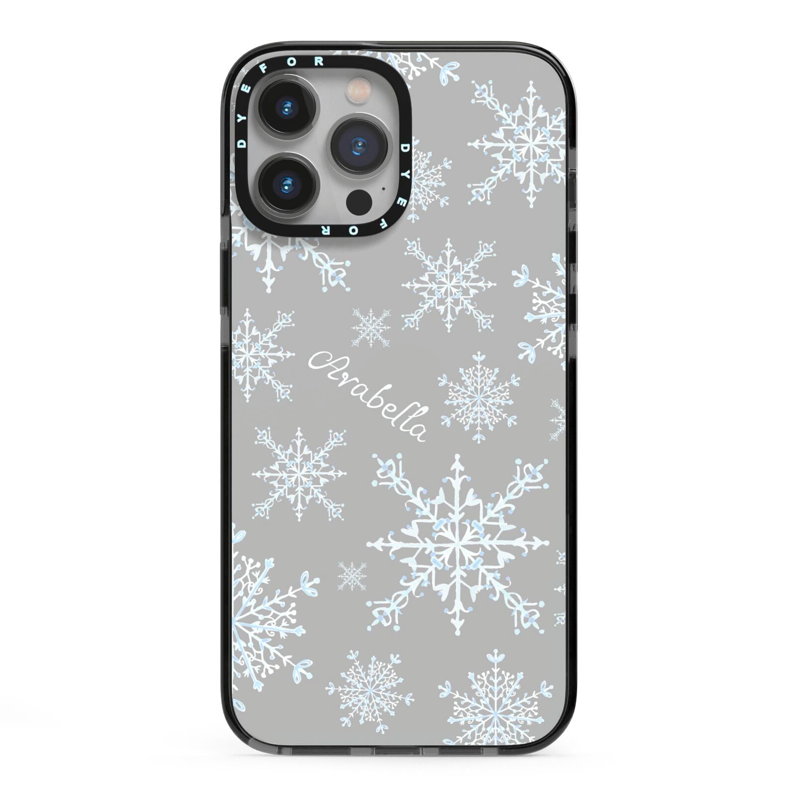 Personalised Snowflake iPhone 13 Pro Max Black Impact Case on Silver phone