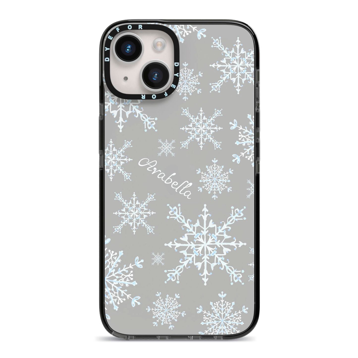 Personalised Snowflake iPhone 14 Black Impact Case on Silver phone