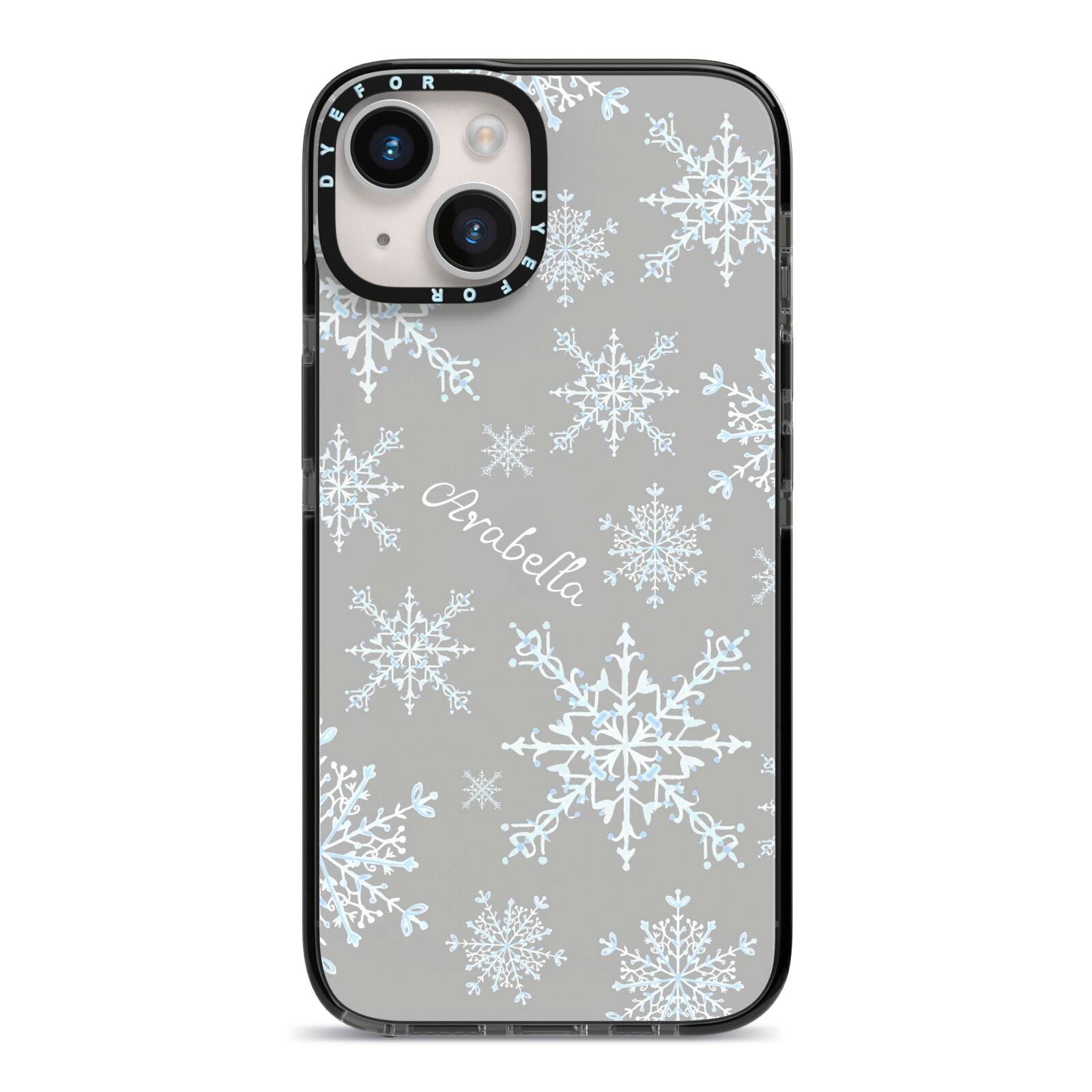 Personalised Snowflake iPhone 14 Black Impact Case on Silver phone