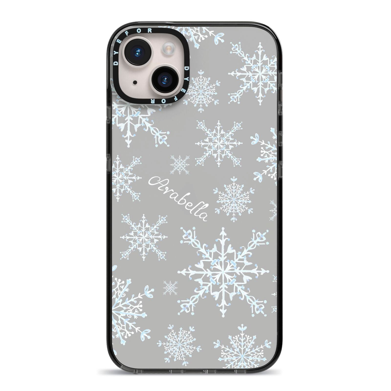 Personalised Snowflake iPhone 14 Plus Black Impact Case on Silver phone