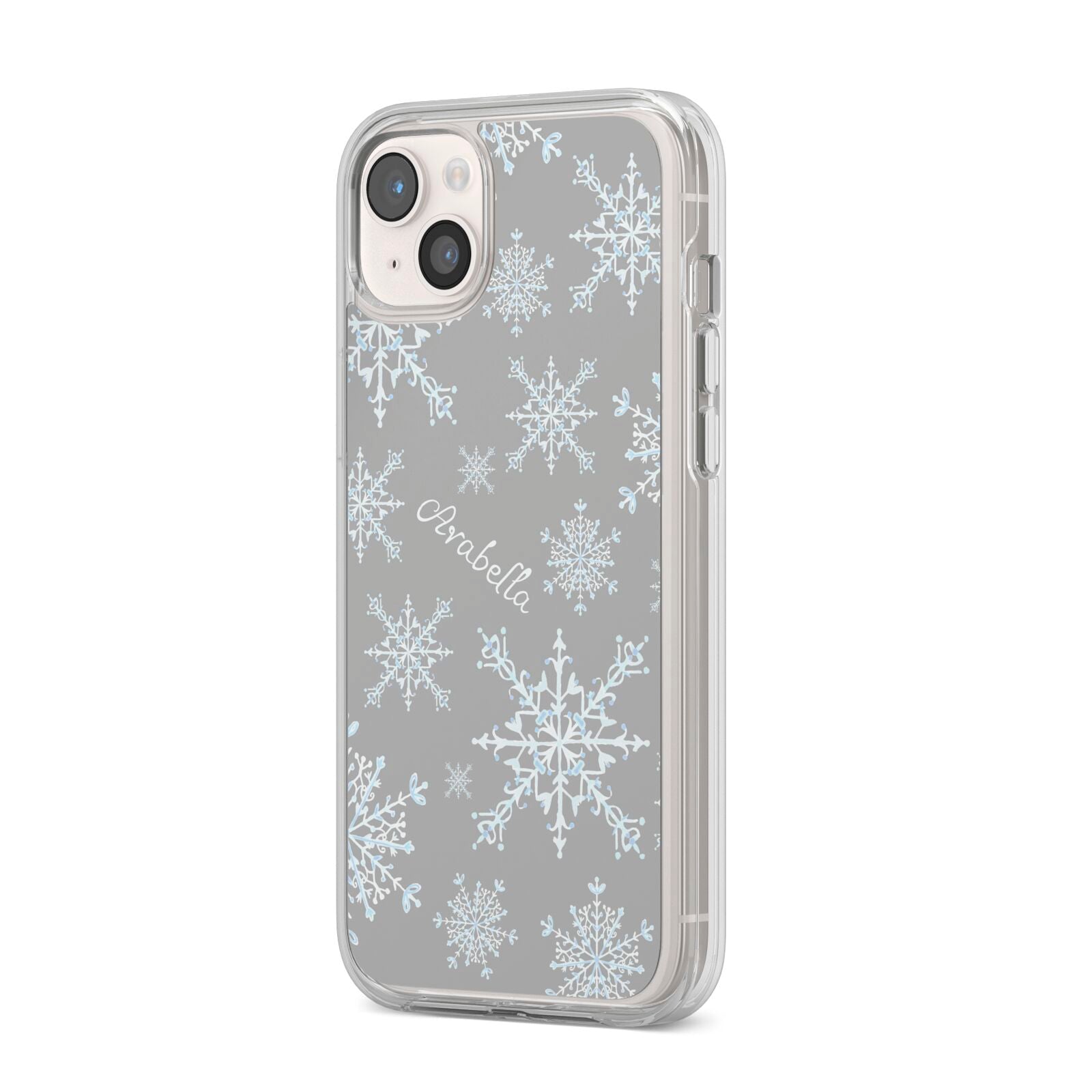 Personalised Snowflake iPhone 14 Plus Clear Tough Case Starlight Angled Image