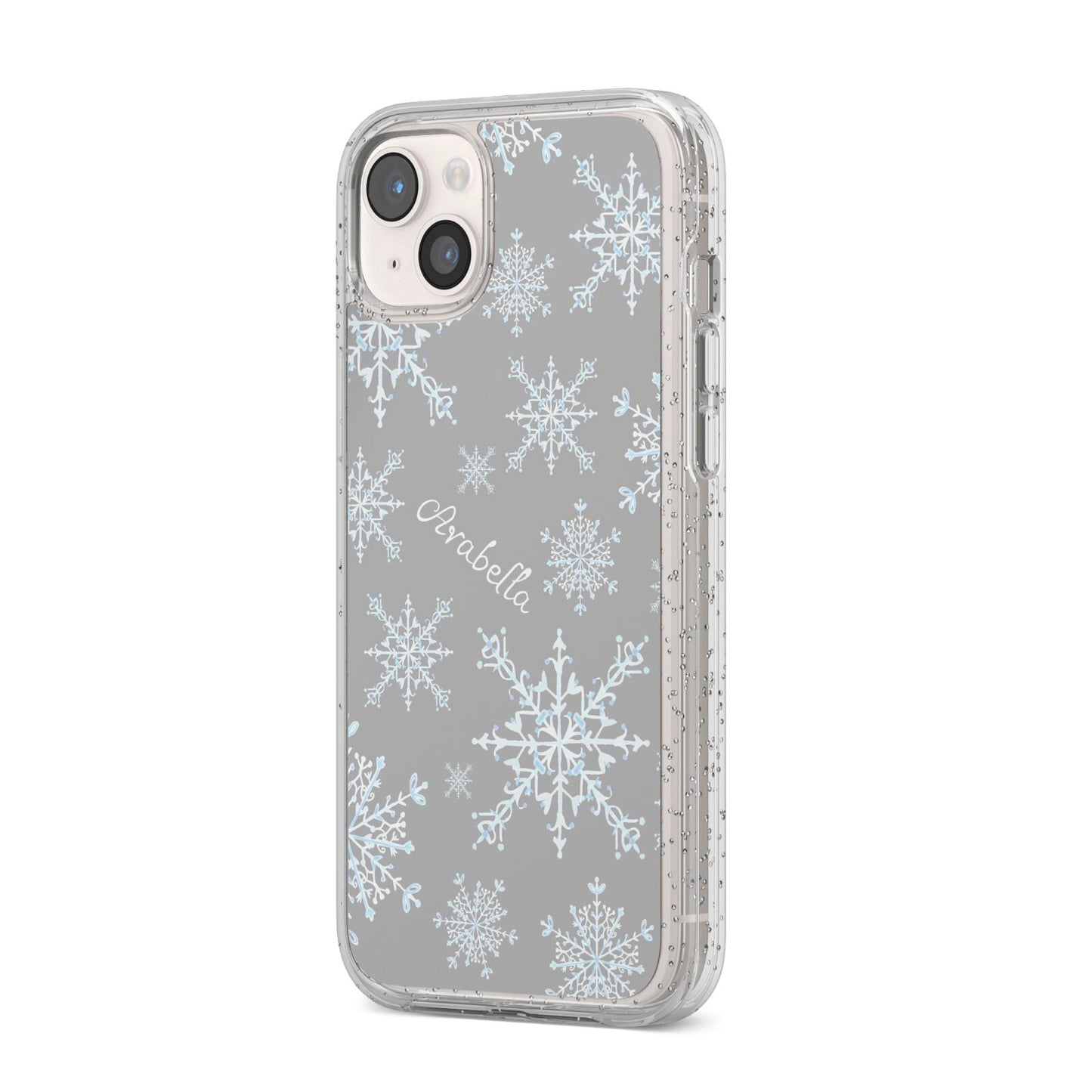 Personalised Snowflake iPhone 14 Plus Glitter Tough Case Starlight Angled Image