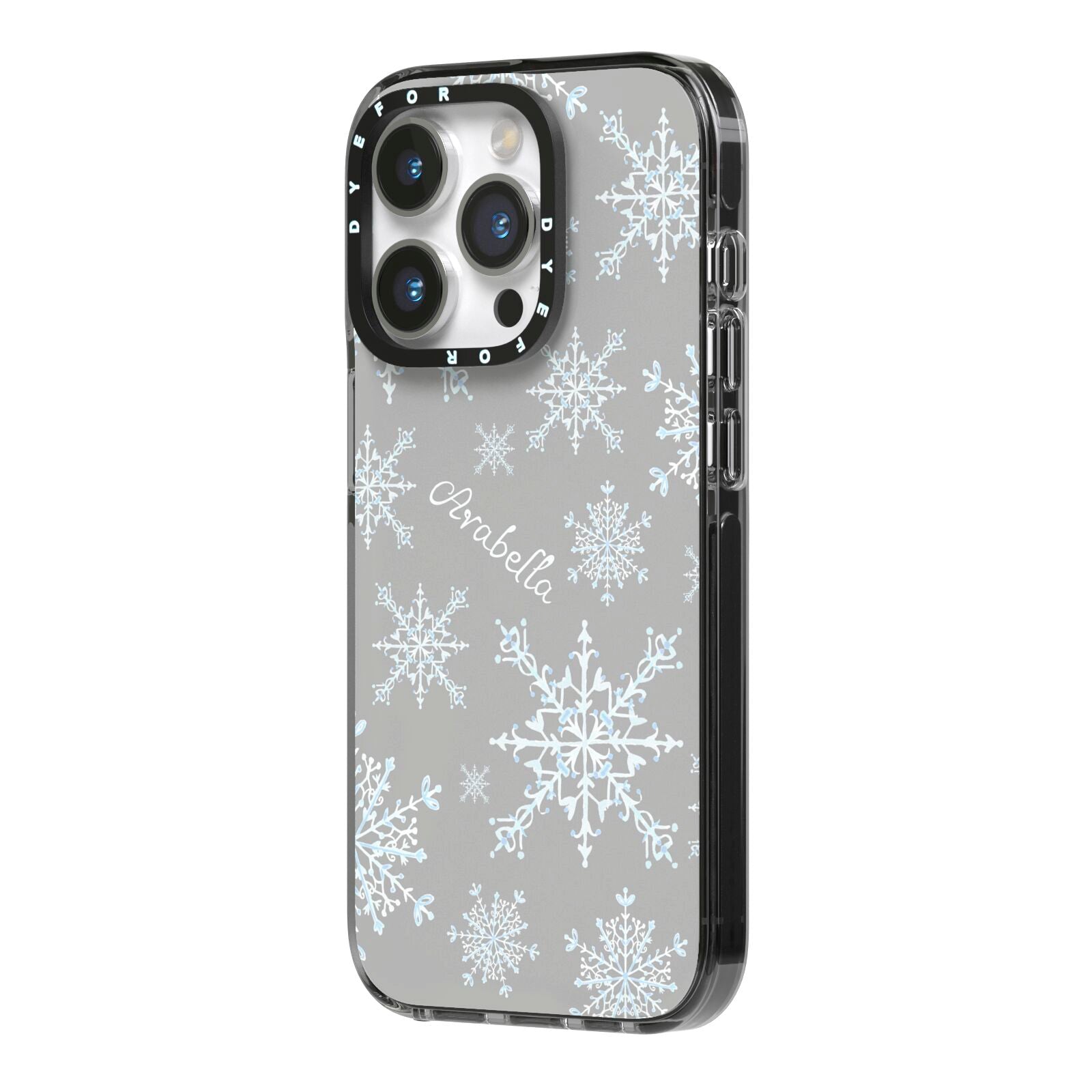 Personalised Snowflake iPhone 14 Pro Black Impact Case Side Angle on Silver phone