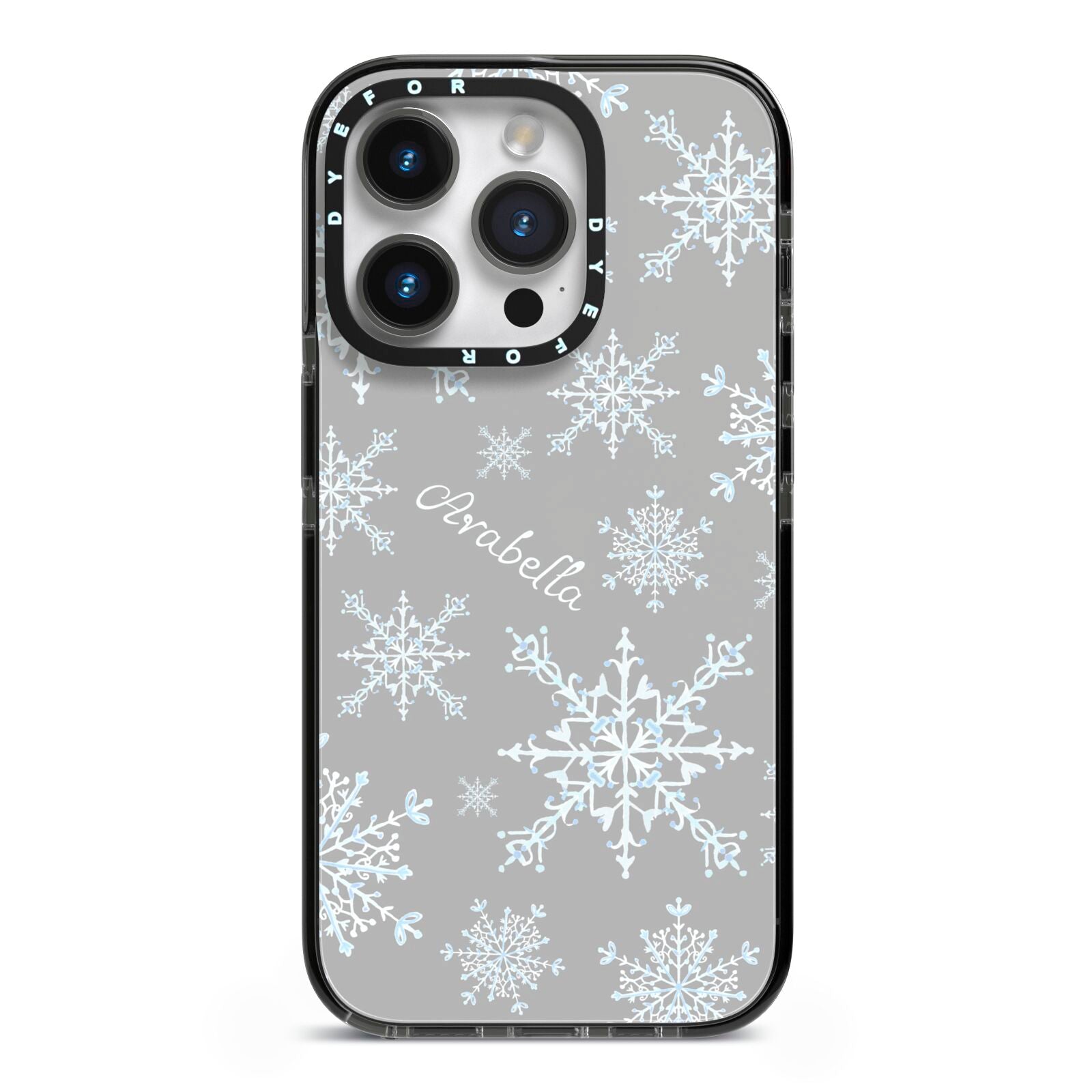 Personalised Snowflake iPhone 14 Pro Black Impact Case on Silver phone