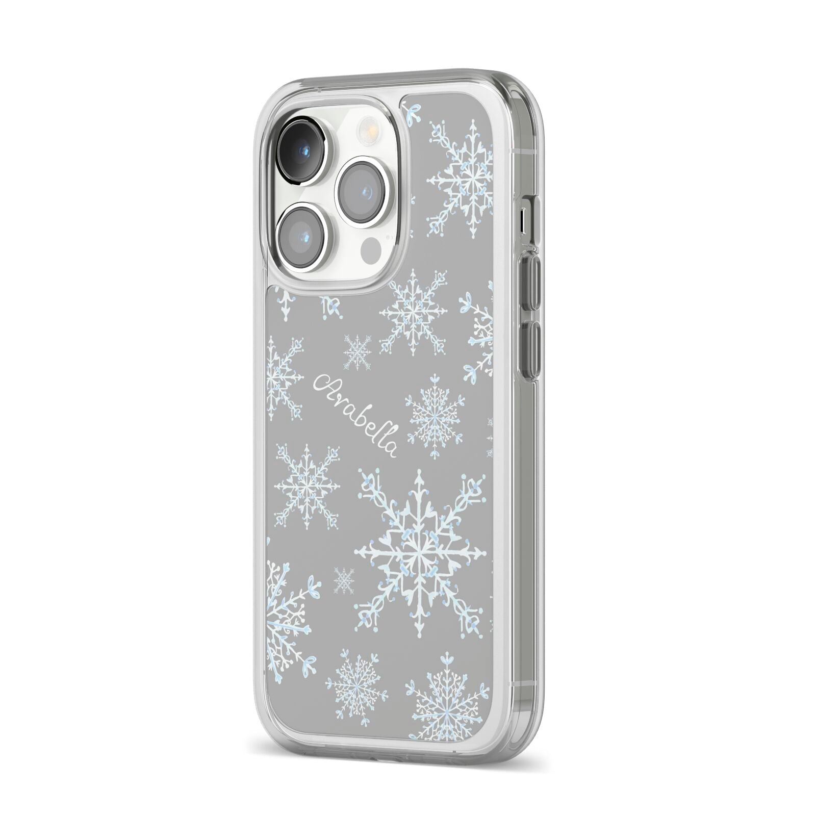 Personalised Snowflake iPhone 14 Pro Clear Tough Case Silver Angled Image