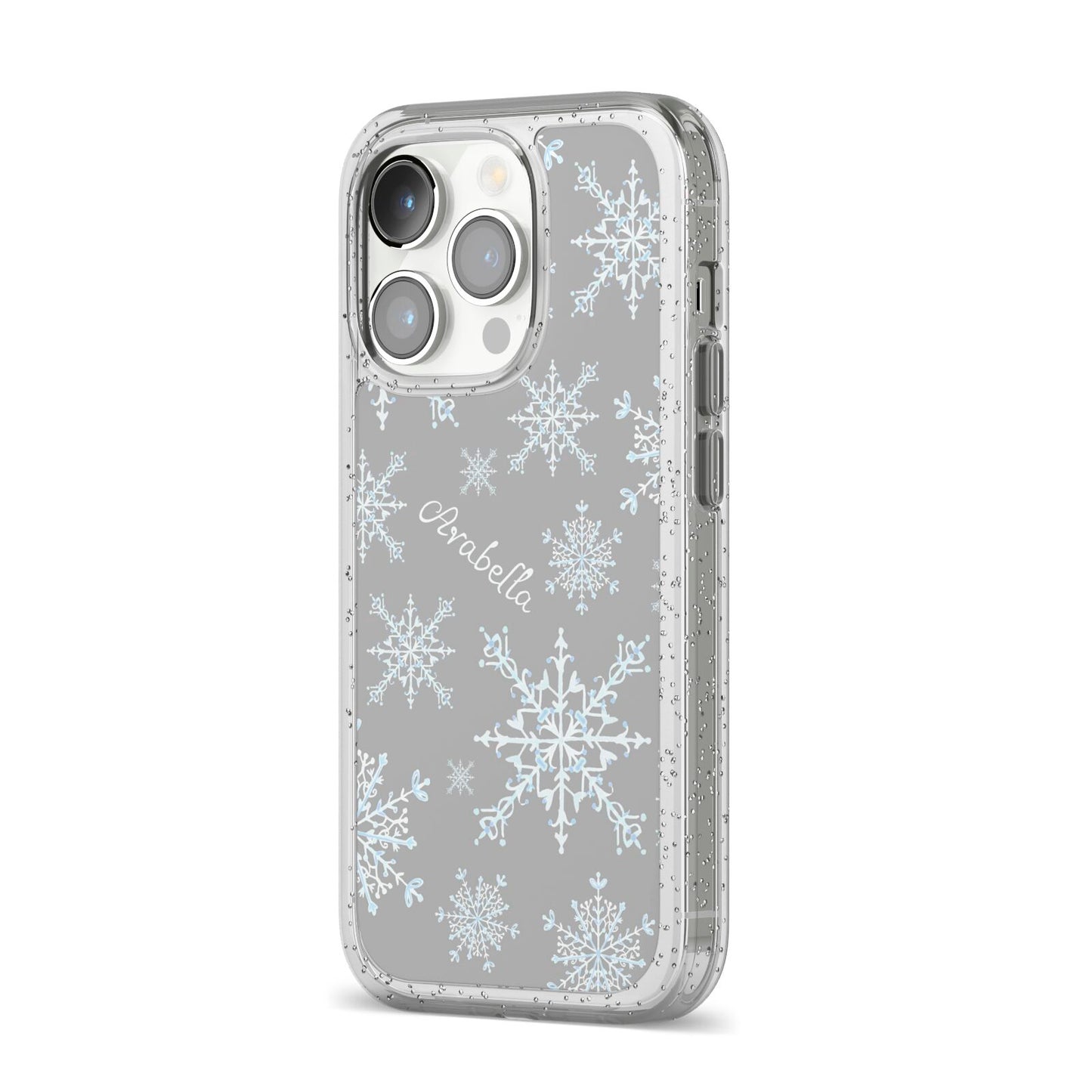 Personalised Snowflake iPhone 14 Pro Glitter Tough Case Silver Angled Image