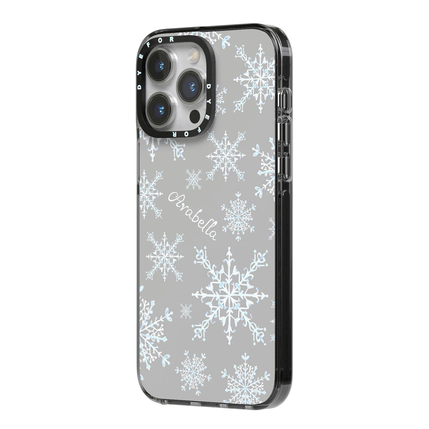 Personalised Snowflake iPhone 14 Pro Max Black Impact Case Side Angle on Silver phone