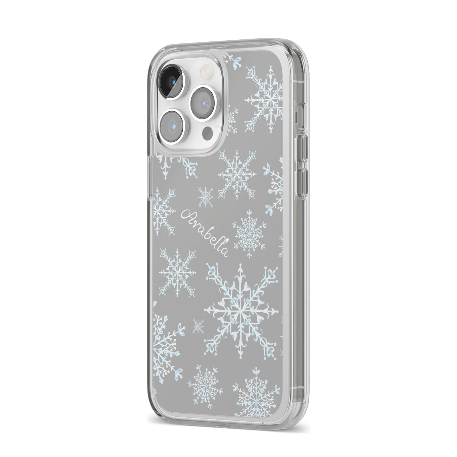 Personalised Snowflake iPhone 14 Pro Max Clear Tough Case Silver Angled Image