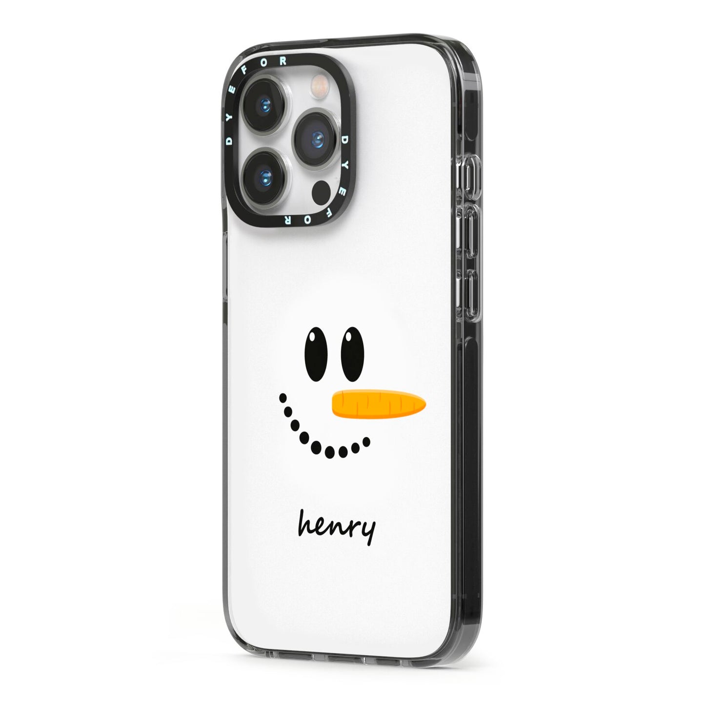 Personalised Snowman iPhone 13 Pro Black Impact Case Side Angle on Silver phone