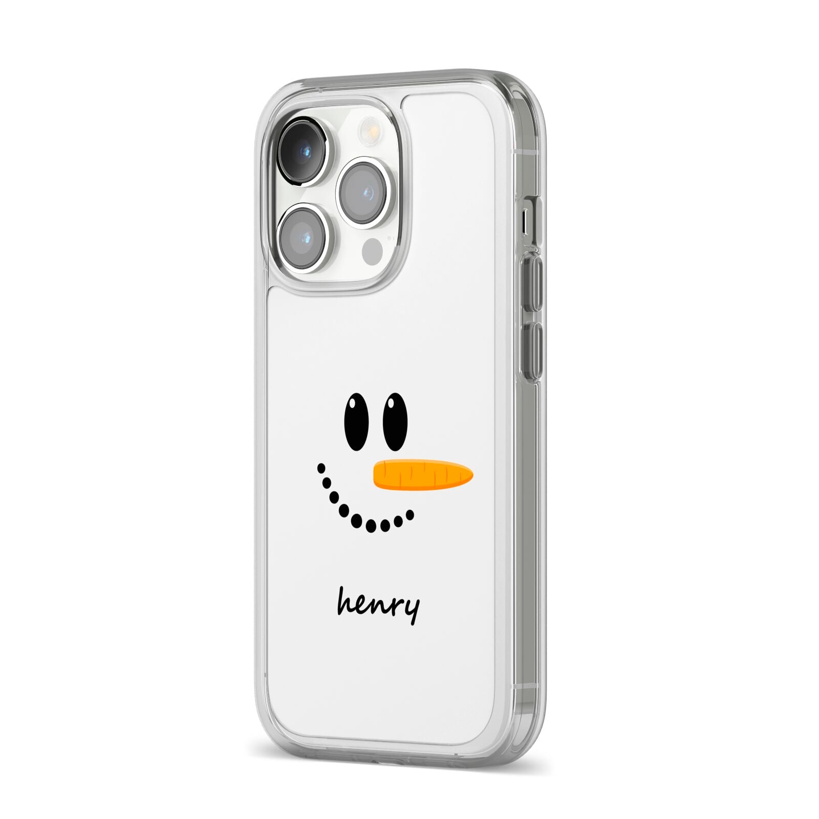 Personalised Snowman iPhone 14 Pro Clear Tough Case Silver Angled Image